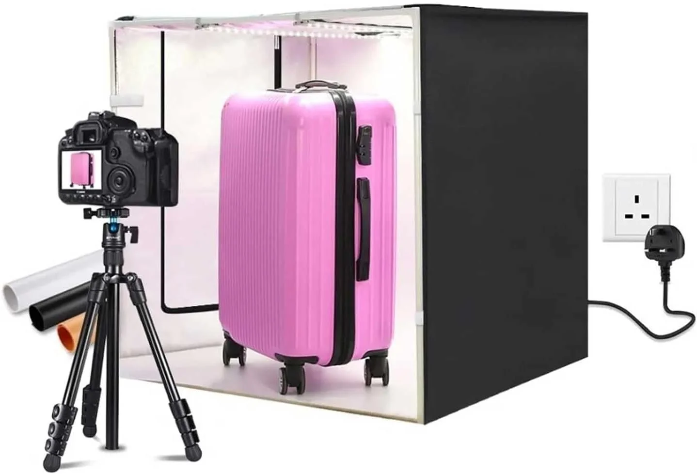 جعبه نور استودیویی قابل حمل 80 * 80 سانتی متر با ال ای دی سفید 80 وات 8500 لومن، دارای 3 پس زمینه رنگی، دو صفحه نور، چادر عکاسی تاشو برای عکاسی محصول و پرتره