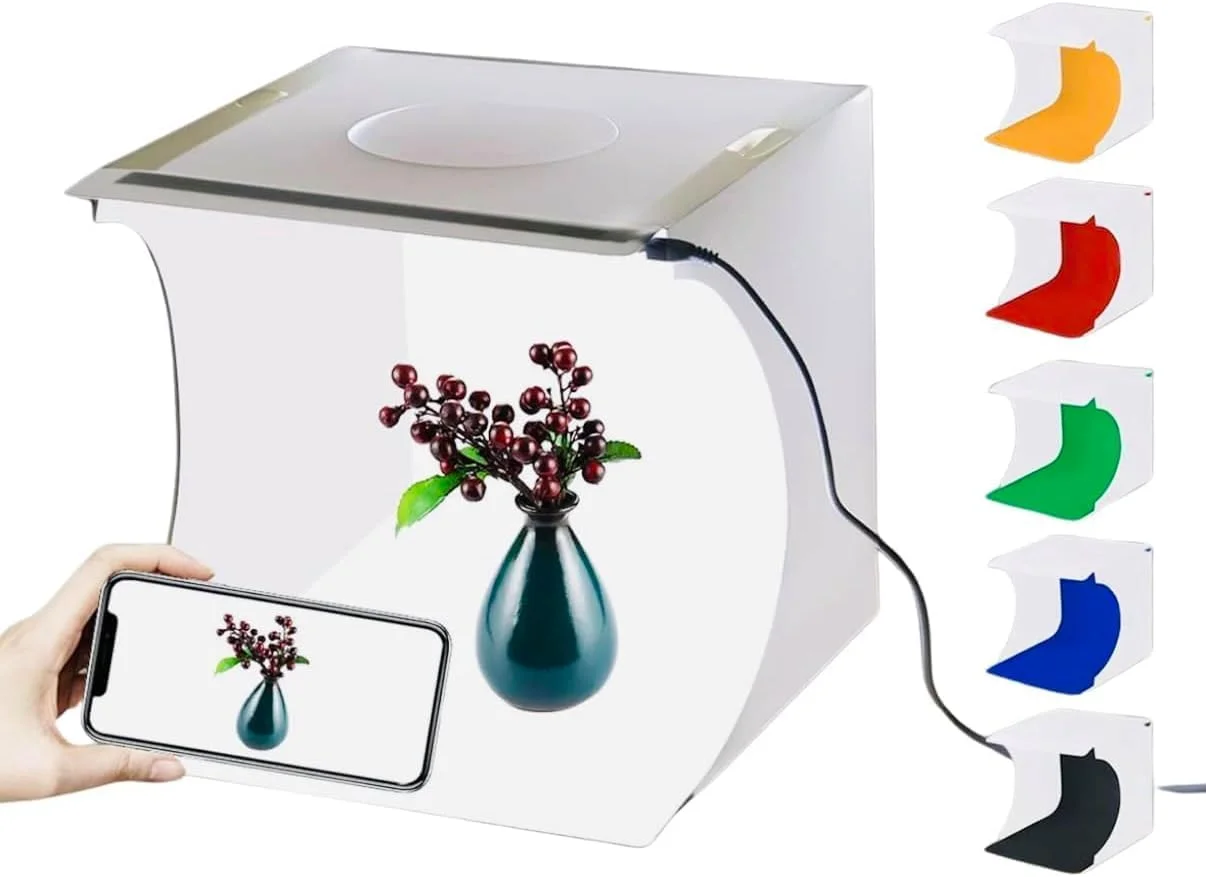 جعبه نور عکس قابل حمل، جعبه نور 10 اینچی تاشو با 2 میله نور، استودیوی عکس کوچک قابل حمل با 40 عدد چراغ LED و 6 نوع پس زمینه رنگی برای اقلام کوچک