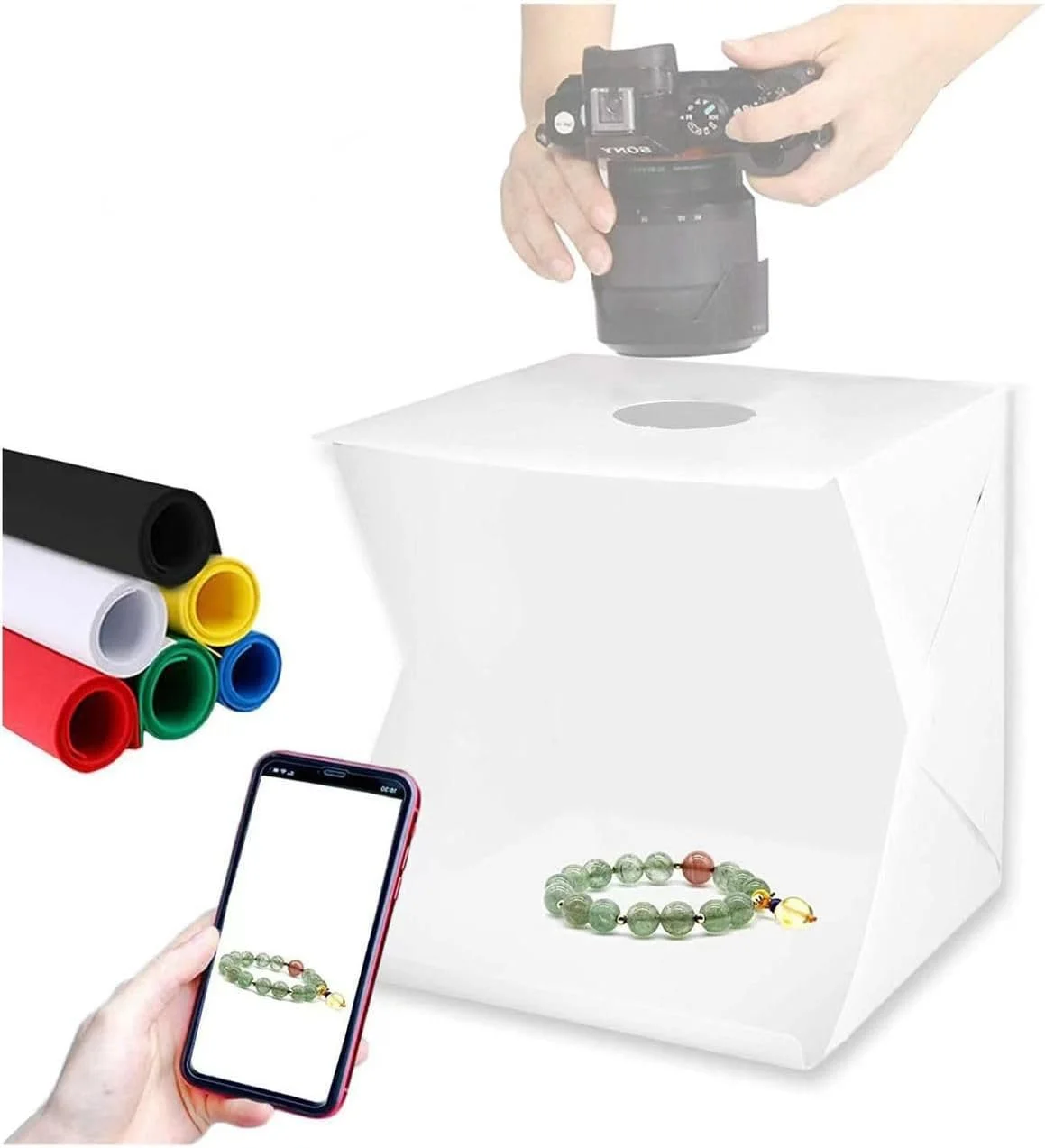 جعبه نور عکس قابل حمل، جعبه نور 10 اینچی تاشو با 2 میله نور، استودیوی عکس کوچک قابل حمل با 40 عدد چراغ LED و 6 نوع پس زمینه رنگی برای اقلام کوچک جعبه نور عکس قابل حمل، جعبه نور 10 اینچی تاشو با 2 میله نور، استودیوی عکس کوچک قابل حمل با 40 عدد چراغ LED و 6 نوع پس زمینه رنگی برای اقلام کوچک