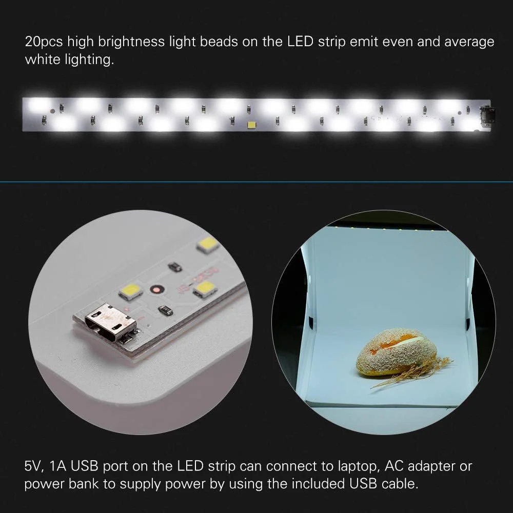 جعبه نور استودیویی LED تاشو قابل حمل 6000K چادر عکاسی با پس زمینه های سیاه و سفید منبع تغذیه USB برای جواهرات ساعت محصولات کوچک و اشیاء بی جان جعبه نور استودیویی LED تاشو قابل حمل 6000K چادر عکاسی با پس زمینه های سیاه و سفید منبع تغذیه USB برای جواهرات ساعت محصولات کوچک و اشیاء بی جان
