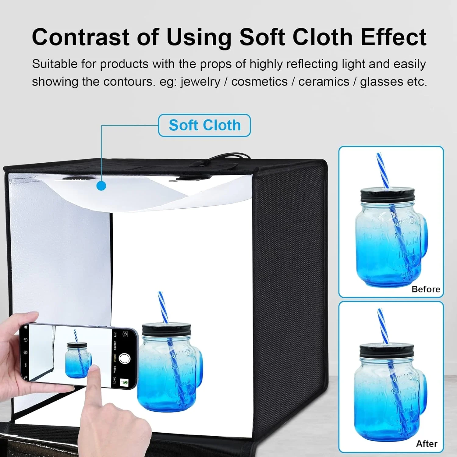 جعبه نور عکاسی 60 سانتی متری بزرگ با 120 مهره LED، CRI >95، کیت چادر عکاسی قابل حمل حرفه ای با 6 پس زمینه رنگی برای عکاسی محصول (60 سانتی متر / 24 اینچ)