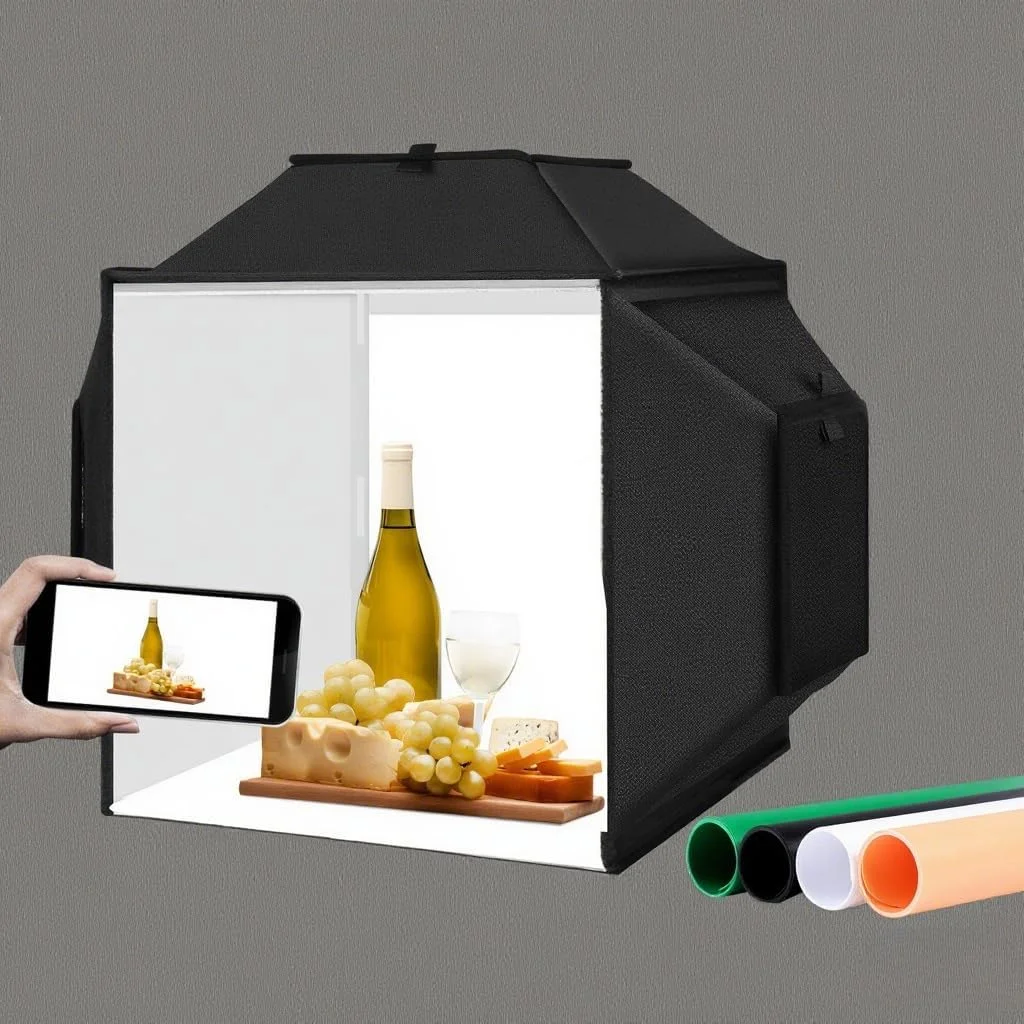 جعبه استودیوی عکس رومیزی تاشو با نور ال ای دی مدل PU5042B با 480 عدد لامپ CRI95 70W 5500K با قابلیت تنظیم نور و 4 پس زمینه رنگی برای عکاسی از محصولات کوچک