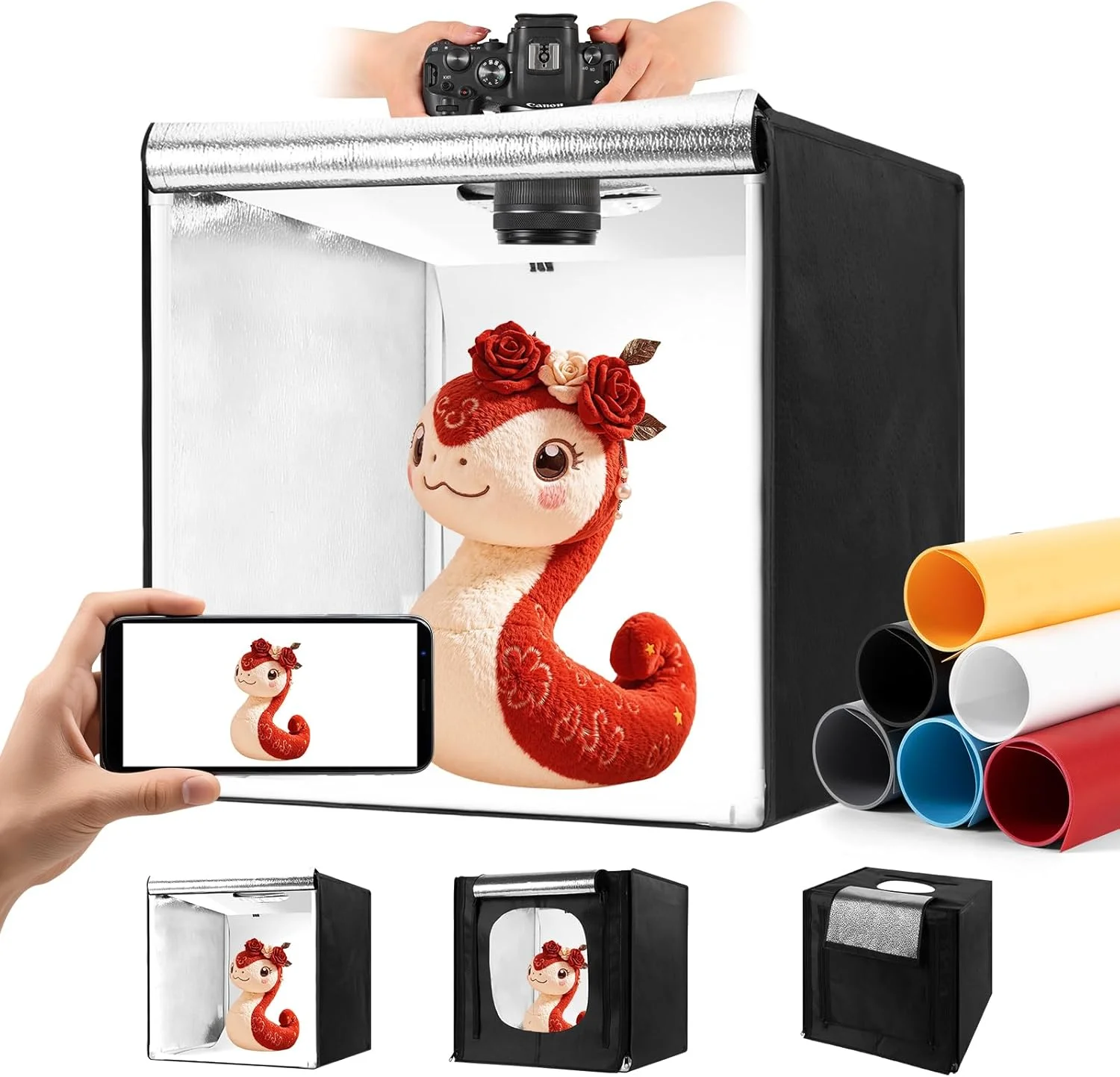 جعبه نور عکاسی، جعبه استودیوی عکس قابل حمل 10/12/16 اینچی، CRI>95 دارای 189 مهره نور. کیت چادر عکاسی با 6 پس زمینه رنگی و 3 پنل نور با قابلیت تنظیم نور پیوسته برای نمایش استودیوی عکاسی