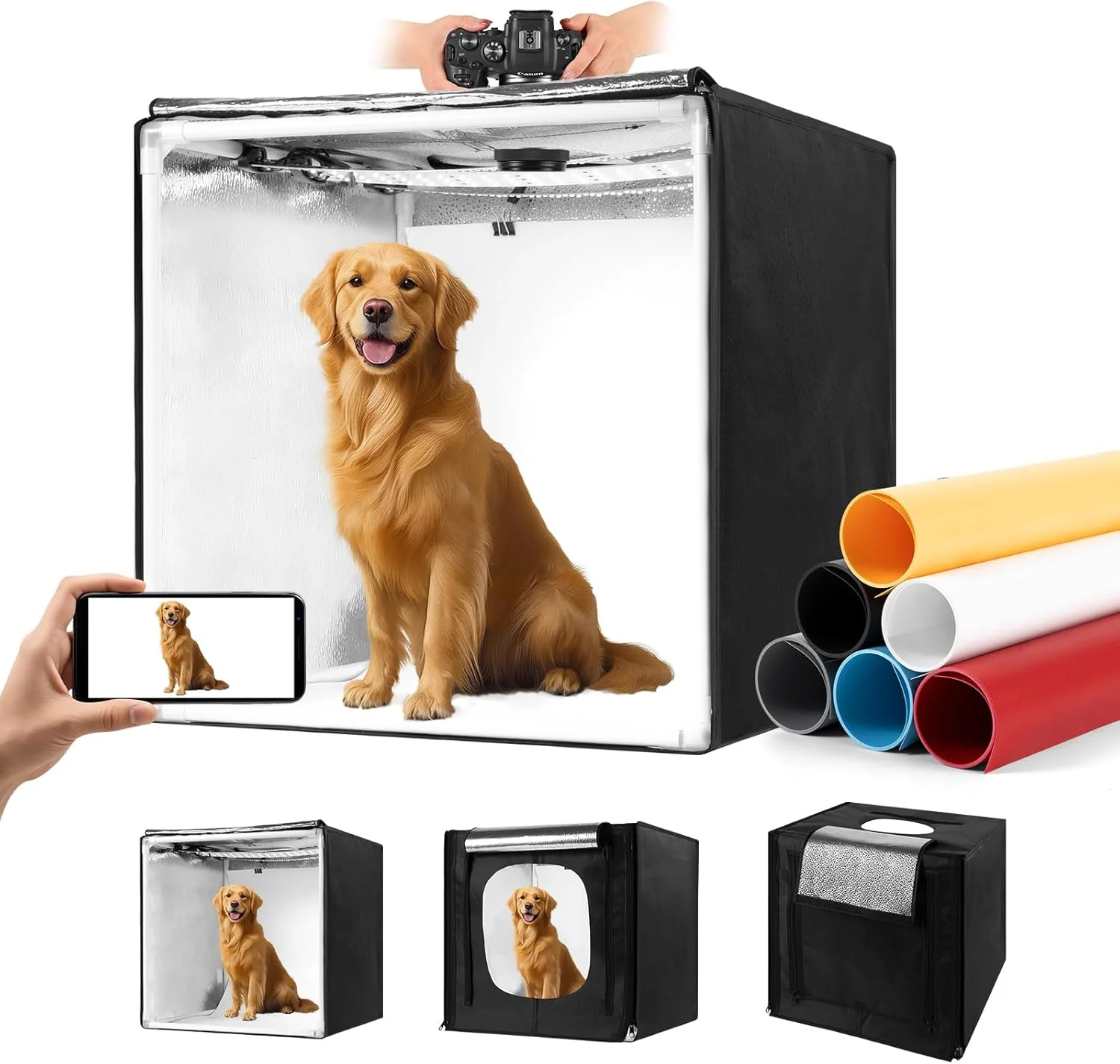 جعبه نور عکاسی، جعبه نور استودیویی قابل حمل در اندازه های مختلف، کیت چادر عکاسی با 405 مهره نوری و 6 پس زمینه رنگی. لایت باکس با 3 صفحه نور کم نور برای عکاسی