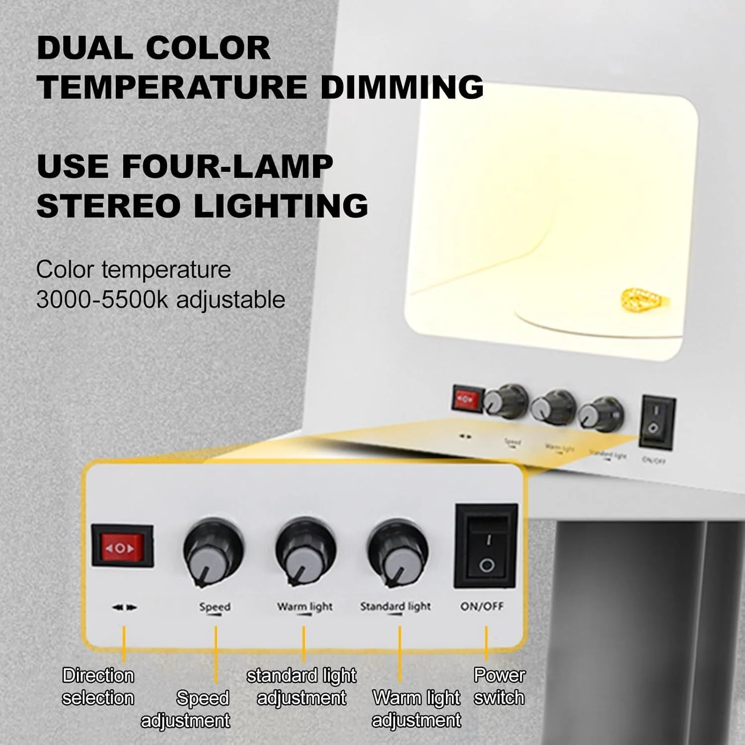 جعبه نور استودیویی حرفه ای عکاسی، چادر نور قابل تنظیم دمای رنگ 3000K-5500K، با صفحه گردان، برای جواهرات