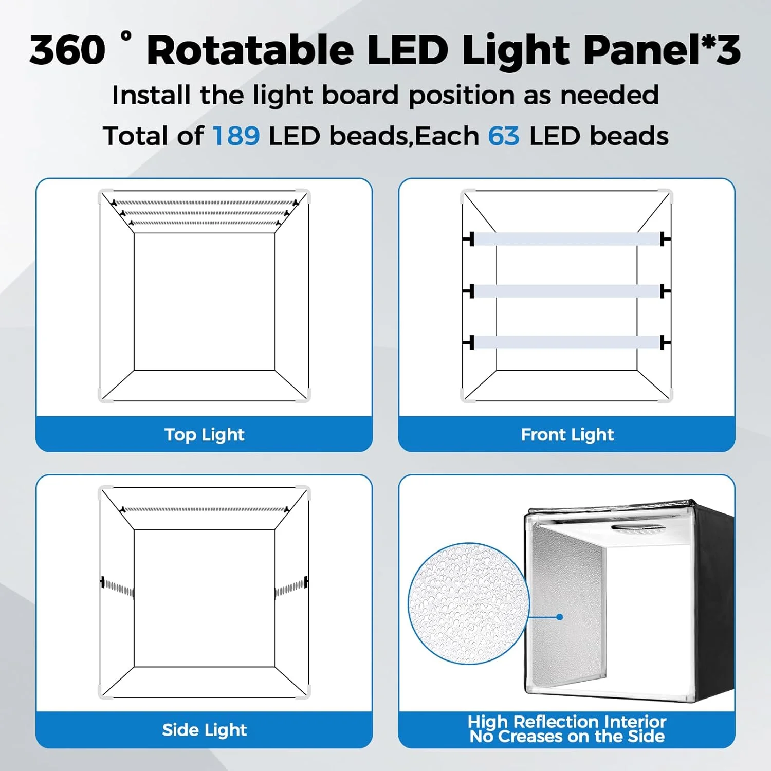 جعبه نور عکاسی، جعبه استودیوی عکس قابل حمل 10/12/16 اینچی، CRI>95 دارای 189 مهره نور. کیت چادر عکاسی با 6 پس زمینه رنگی و 3 پنل نور با قابلیت تنظیم نور پیوسته برای نمایش استودیوی عکاسی