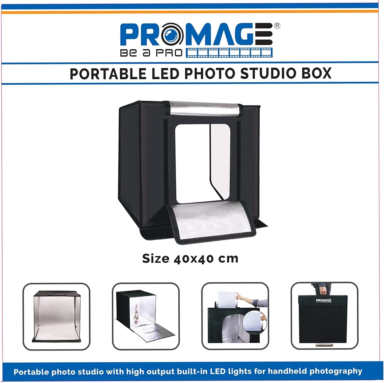 جعبه نور عکاسی حرفه ای PROMAGE مدل PB05 – ابعاد 40 * 40 سانتی متر PM440 به همراه کیت نور استودیویی با قابلیت تنظیم روشنایی