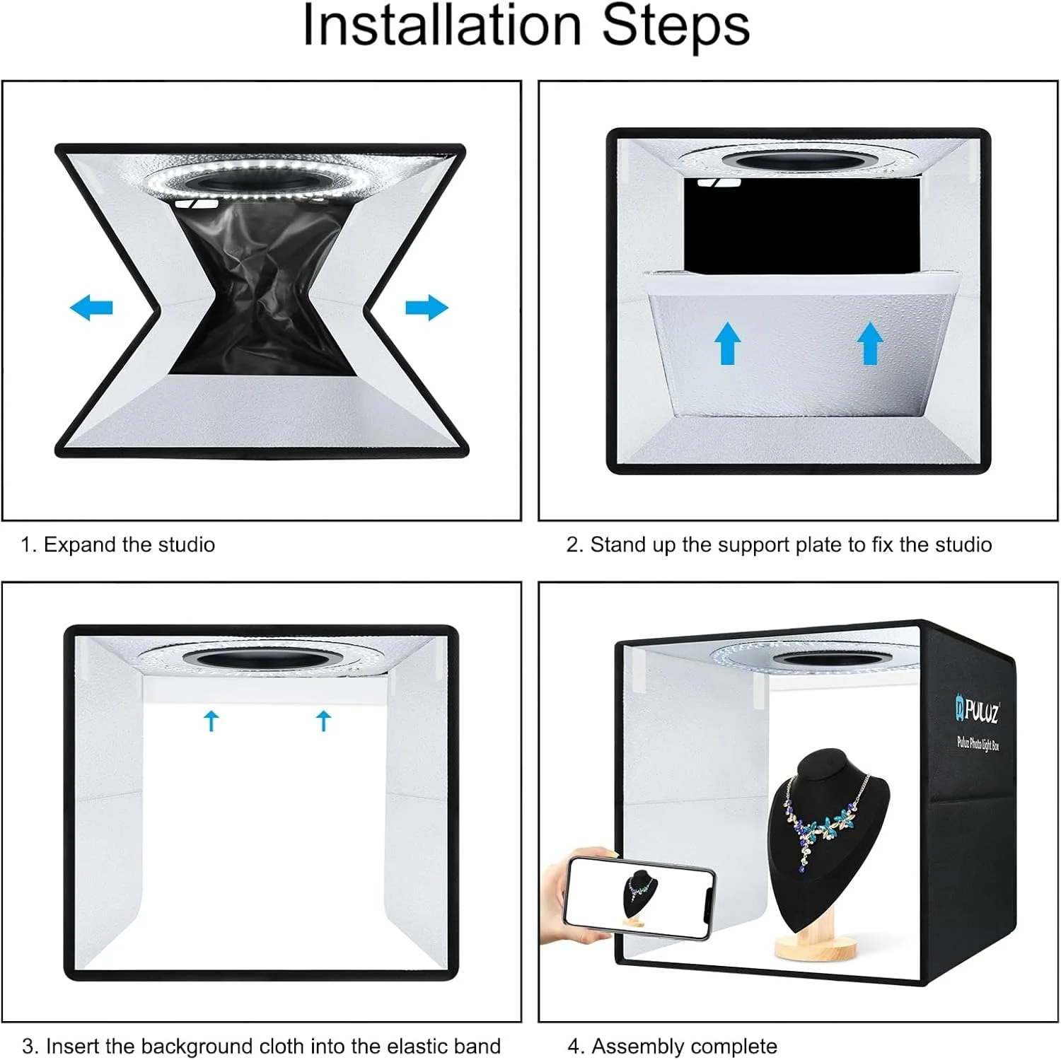 جعبه استودیوی عکس رومیزی تاشو LED مدل PU5041B، ابعاد 40x40 سانتی متر، سافت باکس با نور قابل تنظیم 3200K-6500K، دارای 144 عدد لامپ LED، 3 حالت نوردهی، 10 سطح روشنایی، تغذیه از طریق USB، همراه با 6 پس زمینه رنگی جعبه استودیوی عکس رومیزی تاشو LED مدل PU5041B، ابعاد 40x40 سانتی متر، سافت باکس با نور قابل تنظیم 3200K-6500K، دارای 144 عدد لامپ LED، 3 حالت نوردهی، 10 سطح روشنایی، تغذیه از طریق USB، همراه با 6 پس زمینه رنگی