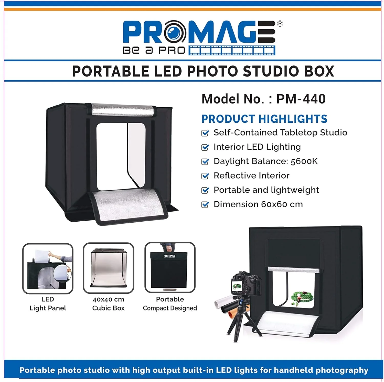 جعبه نور عکاسی حرفه ای PROMAGE مدل PB05 – ابعاد 40 * 40 سانتی متر PM440 به همراه کیت نور استودیویی با قابلیت تنظیم روشنایی