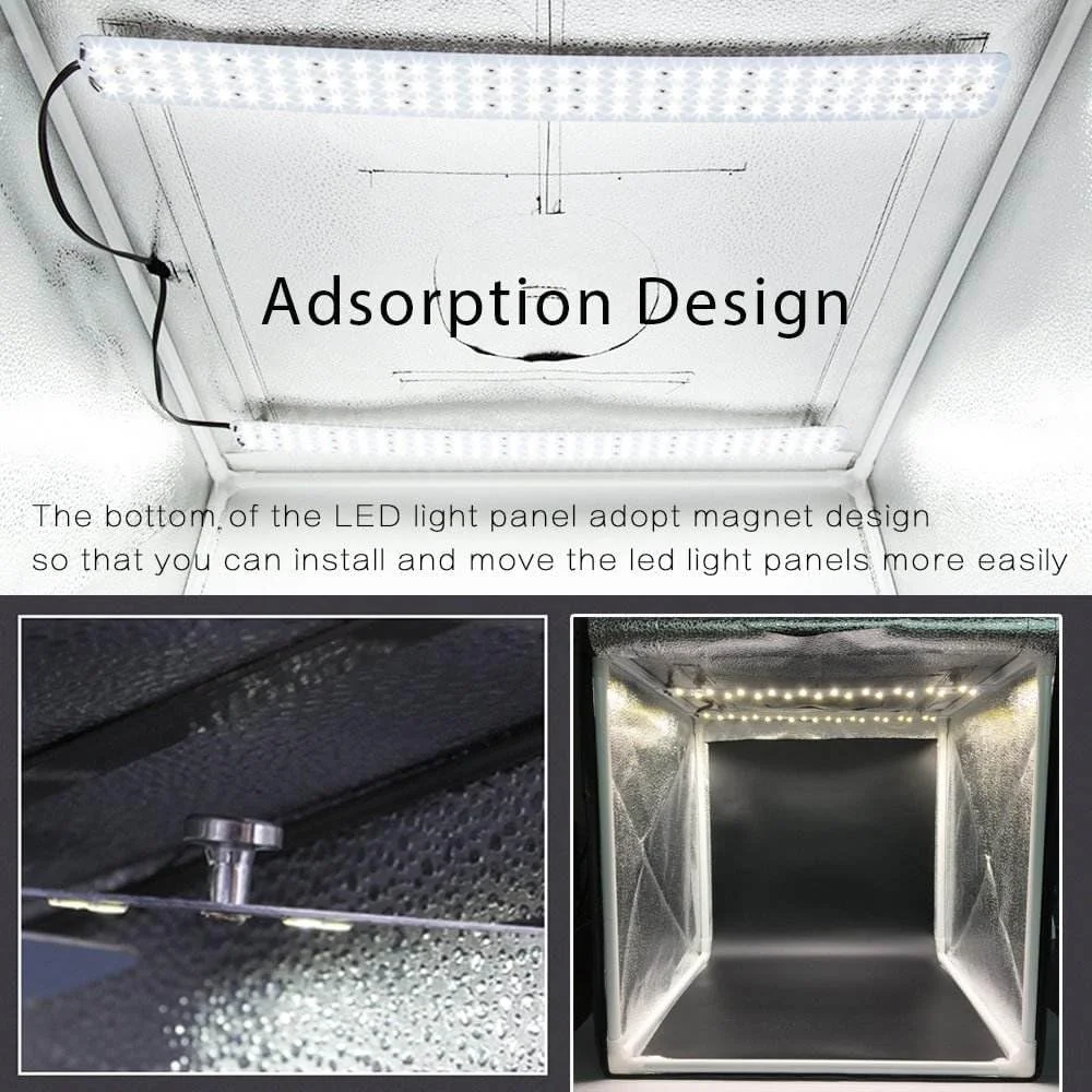 جعبه نور LED حرفه ای دوربین عکاسی 40×40×40 سانتی متر، دارای 72 مهره LED با دمای 5500 کلوین، چادر تاشو عکاسی با 3 پس زمینه PVC، سافت باکس قابل حمل (40×40×40 سانتی متر)