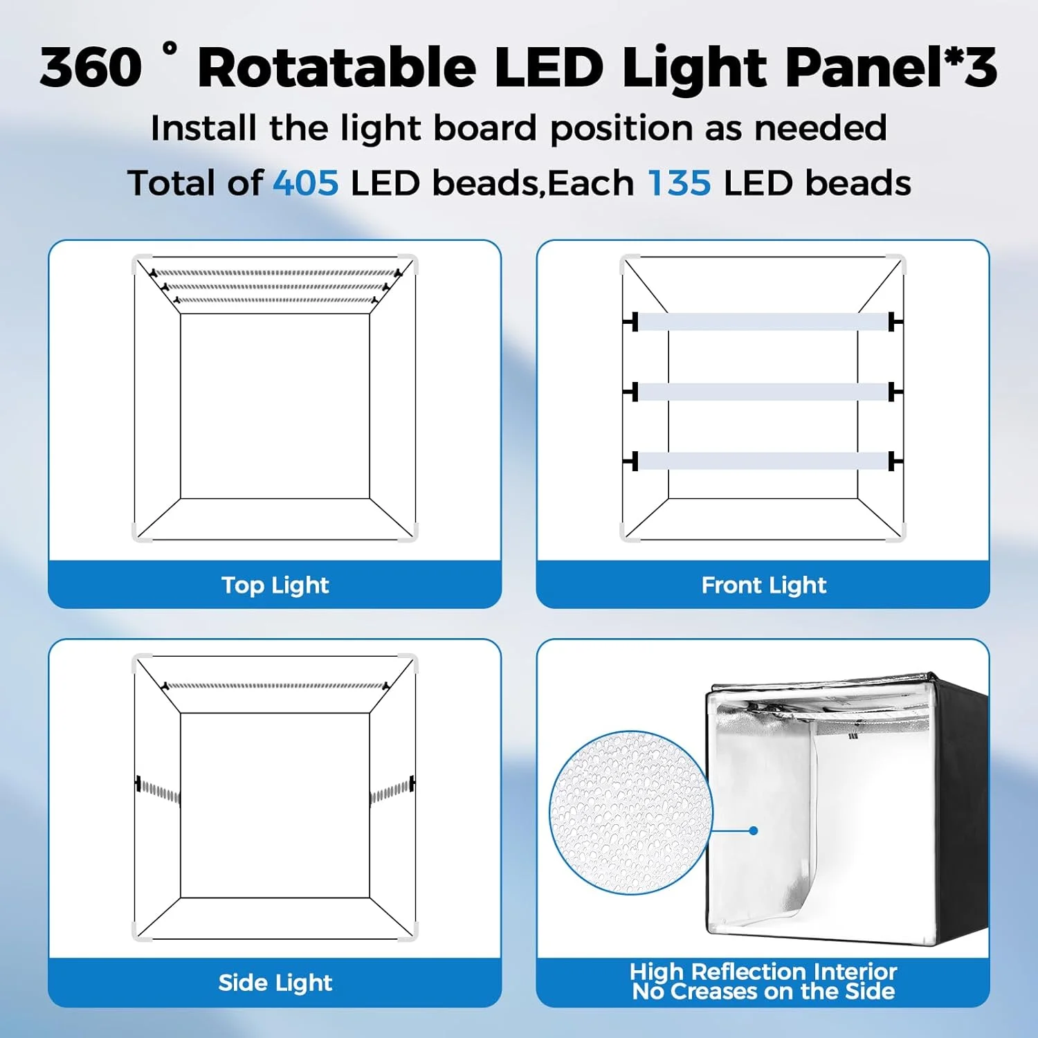 جعبه نور عکاسی، جعبه نور استودیویی قابل حمل در اندازه های مختلف، کیت چادر عکاسی با 405 مهره نوری و 6 پس زمینه رنگی. لایت باکس با 3 صفحه نور کم نور برای عکاسی