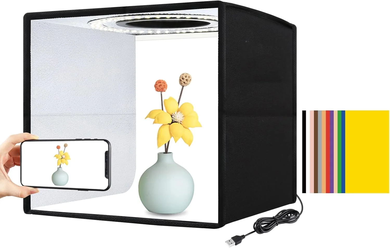 جعبه نور کوچک، جعبه نور استودیویی تاشو عکاسی، کیت چادر عکاسی حرفه ای 25x25 سانتی متری با چراغ های LED دیمر دار، 6 پس زمینه برای جواهرات، مدل های مینیاتوری، غذاهای لذیذ