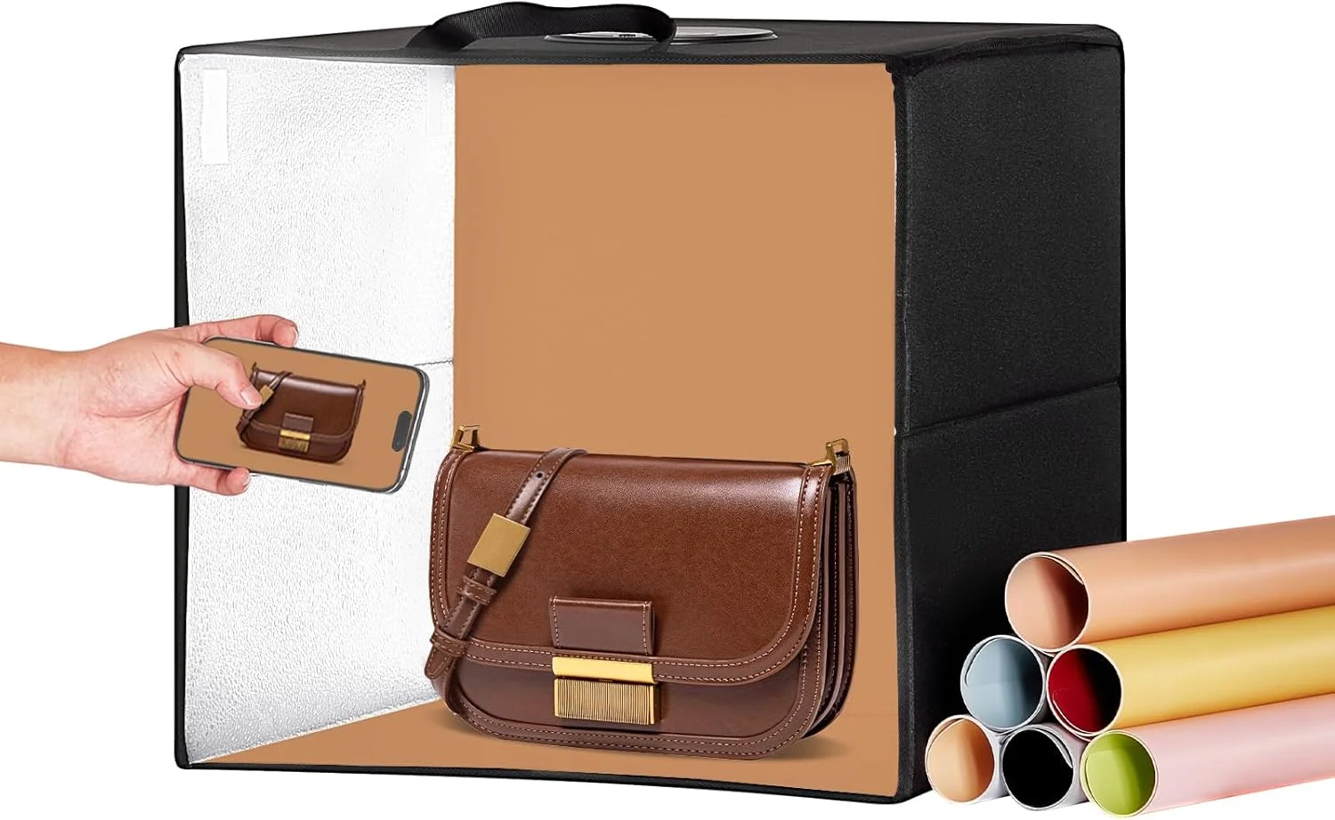 جعبه نور استودیویی VEVOR، 30x30 سانتی متر، 3000-5600K، 3 دمای رنگ قابل تنظیم، مجموعه چادر عکاسی حرفه ای با 120 LED، 6 پس زمینه رنگی دو طرفه، CRI بالا ≥95 برای اجسام کوچک