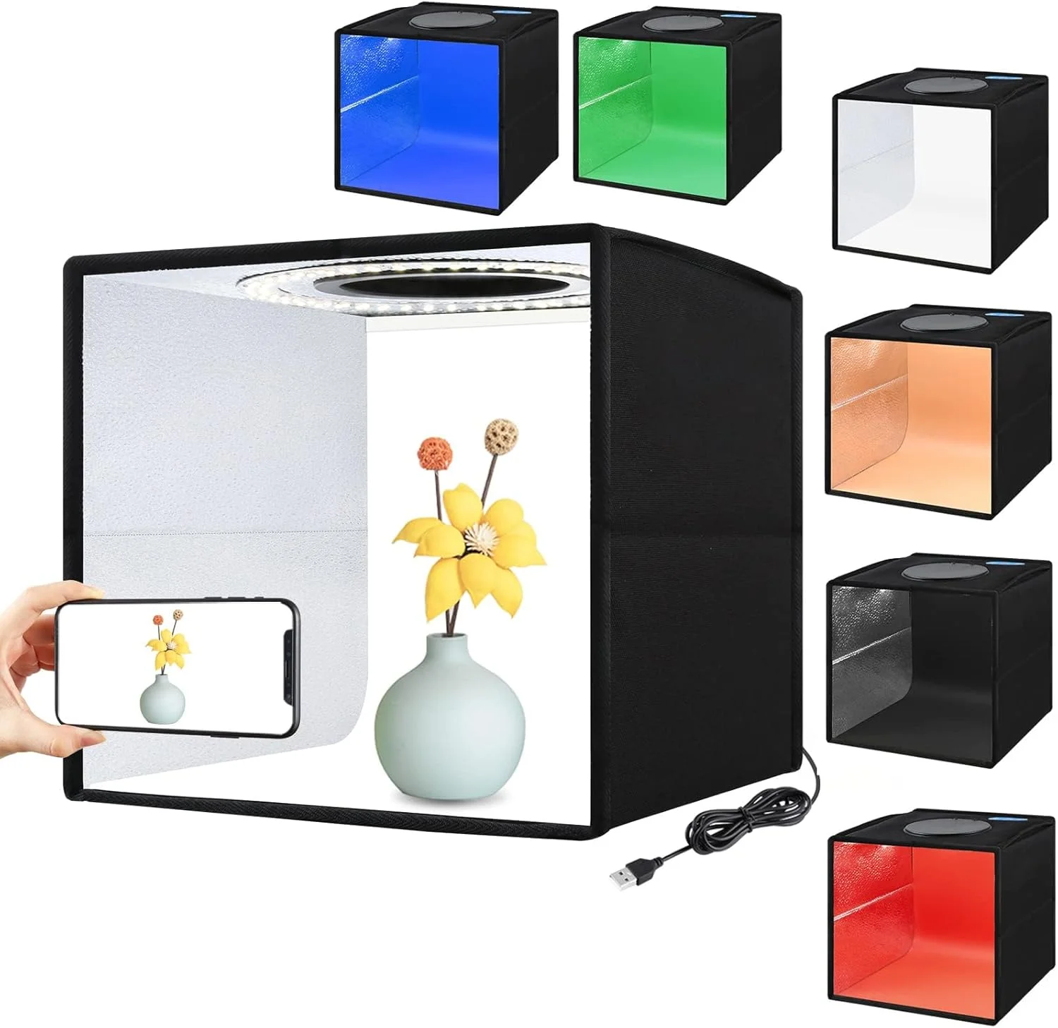 جعبه نور عکاسی، جعبه نور استودیویی قابل حمل، کیت چادر عکاسی حرفه ای 16" x 16" با نور LED رومیزی 216 و 3 پس زمینه جعبه عکس برای عکاسی محصول