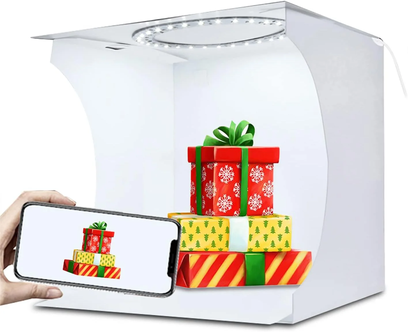 جعبه نور کوچک، کیت چادر نور عکاسی استودیویی تاشو قابل حمل با 40 چراغ LED حلقه ای + 6 نوع پس زمینه رنگی، مناسب برای ابزارها، تلفن های همراه، صنایع دستی، ظروف