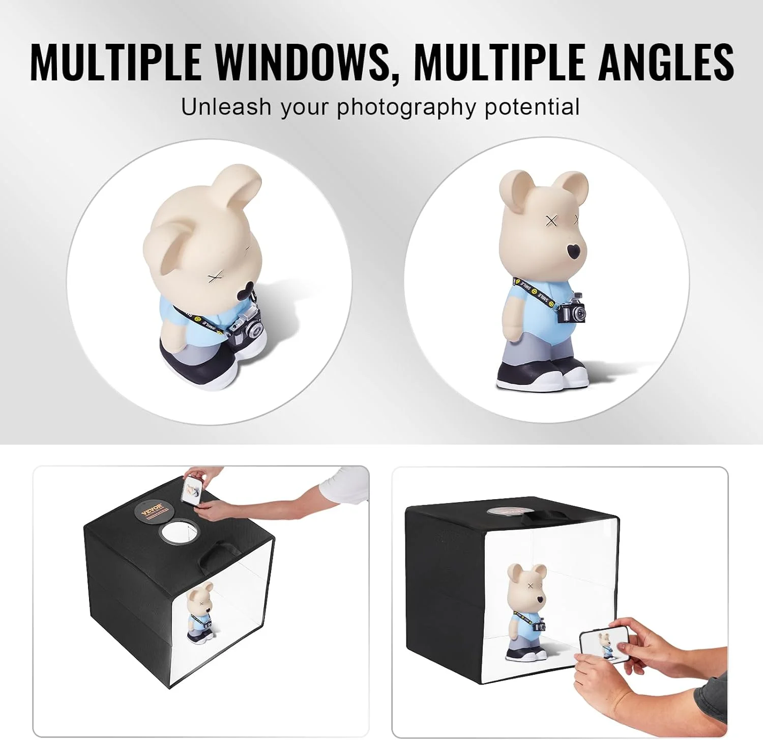 جعبه نور استودیویی VEVOR، 30x30 سانتی متر، 3000-5600K، 3 دمای رنگ قابل تنظیم، مجموعه چادر عکاسی حرفه ای با 120 LED، 6 پس زمینه رنگی دو طرفه، CRI بالا ≥95 برای اجسام کوچک جعبه نور استودیویی VEVOR، 30x30 سانتی متر، 3000-5600K، 3 دمای رنگ قابل تنظیم، مجموعه چادر عکاسی حرفه ای با 120 LED، 6 پس زمینه رنگی دو طرفه، CRI بالا ≥95 برای اجسام کوچک