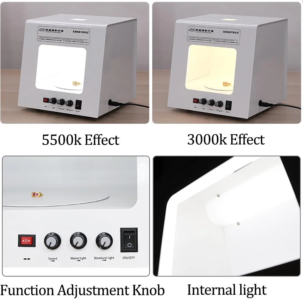 جعبه نور استودیویی عکس مینی، جعبه نرم کننده نور چادر عکاسی جواهرات با قابلیت چرخش 360 درجه، کیت چادر عکاسی چرخان الکتریکی با قابلیت تنظیم روشنایی، پس زمینه مشکی قابل جابجایی (اندازه: TB20)