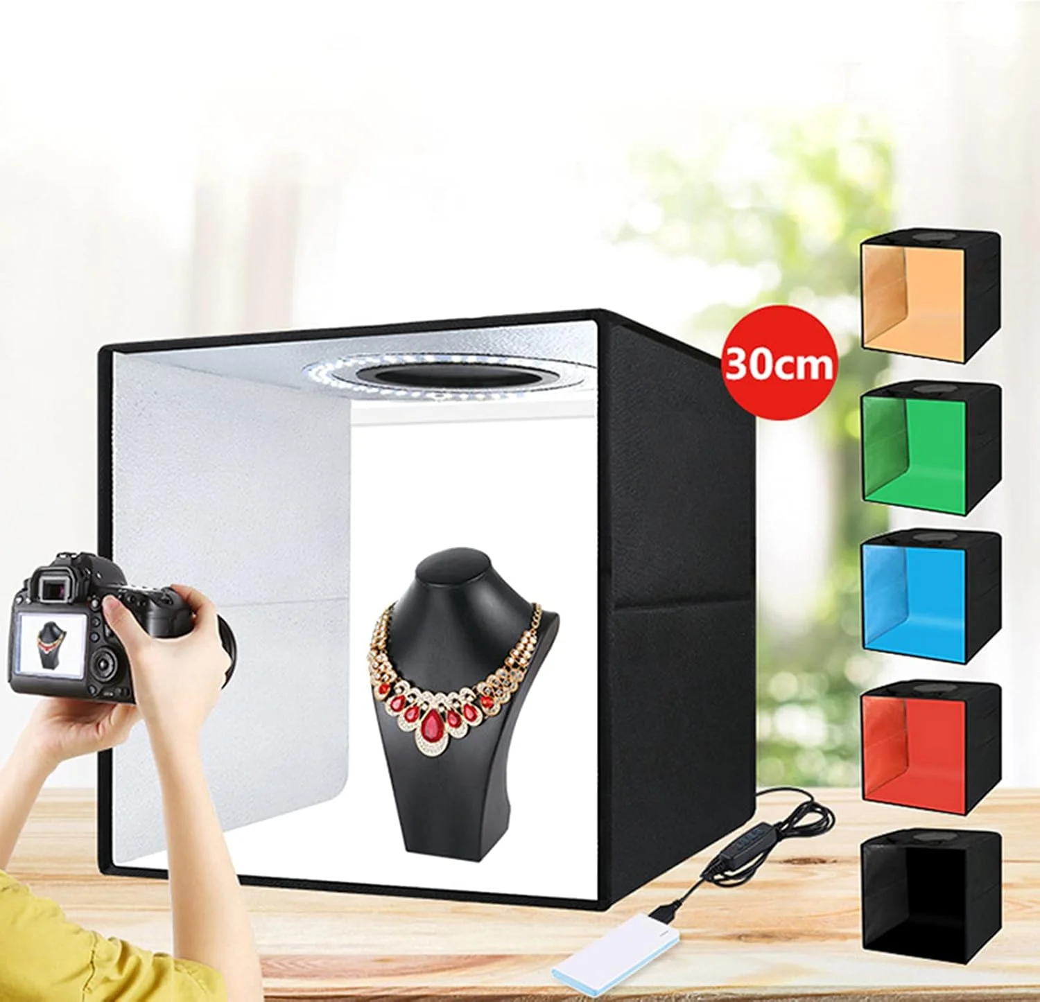 جعبه نور استودیویی عکس Yolispa 30 سانتی‌متری، جعبه نور تاشو برای عکاسی، مکعب نور با سطوح روشنایی قابل تنظیم و 6 پس‌زمینه رنگی برای نمایش محصول