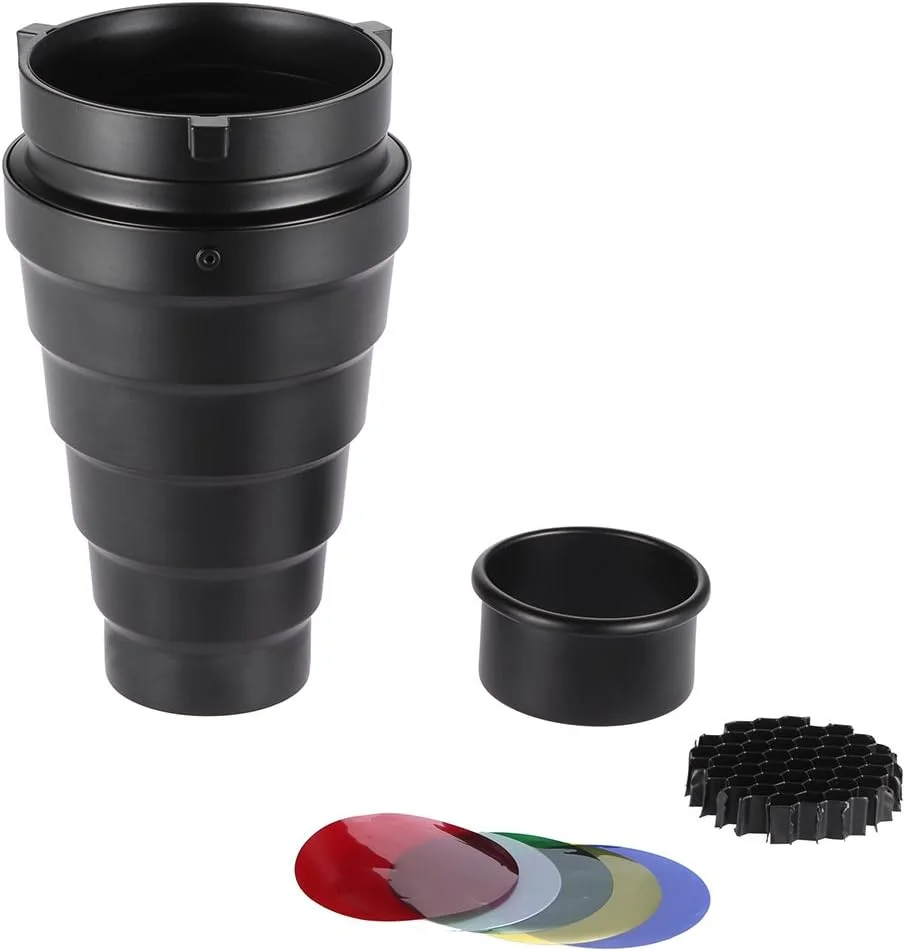 مخروطی فلزی با شبکه لانه زنبوری و کیت 5 رنگ برای فلاش استودیویی مانولایت با مانت بوئنز