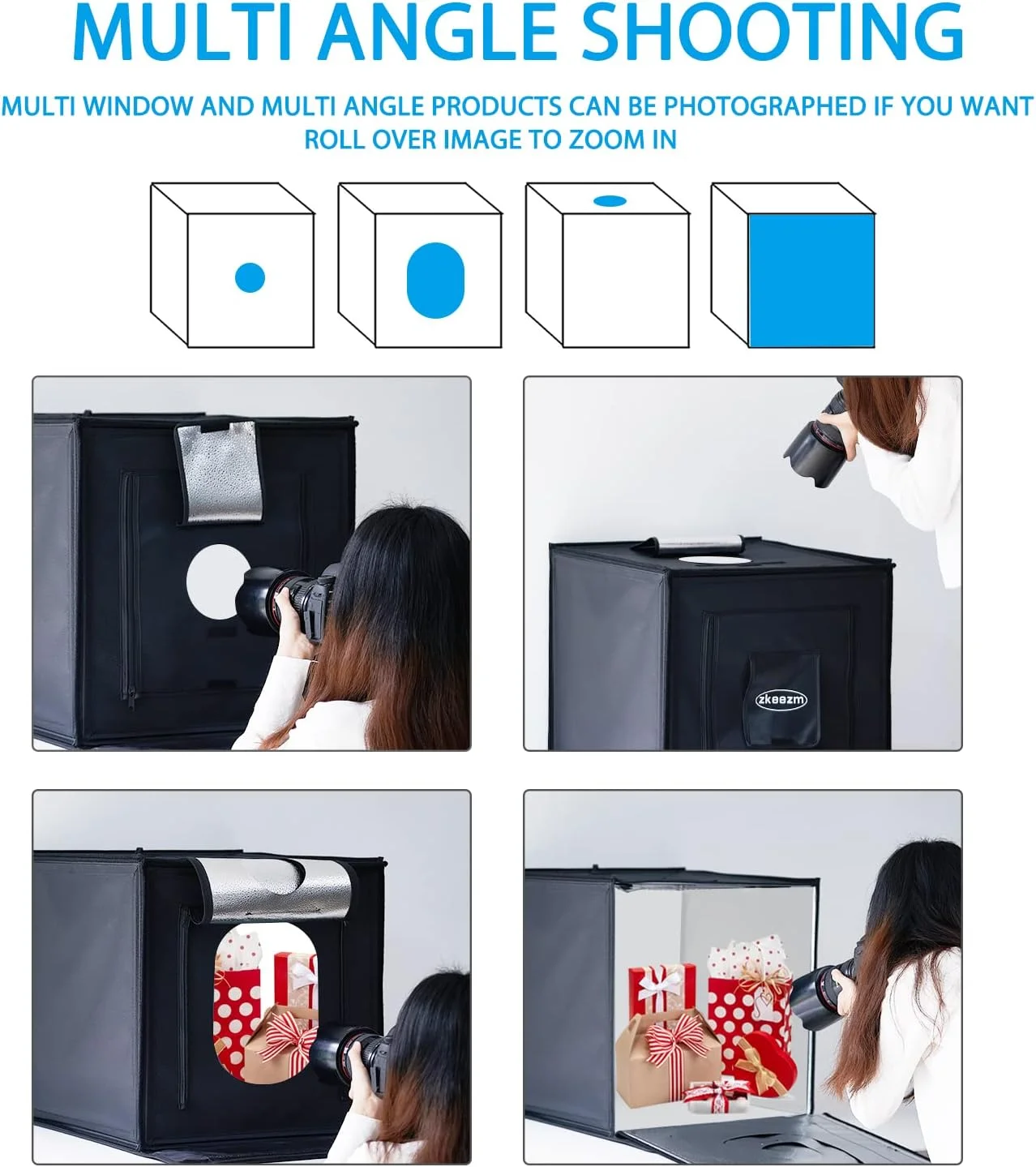 جعبه نور استودیوی عکس 60x60 سانتی‌متر، چادر نور تاشو قابل حمل برای عکاسی با روشنایی قابل تنظیم، غرفه عکس دیمر شونده با نورهای 240LED دو رنگ 3000-6500K و 7 پس زمینه رنگی