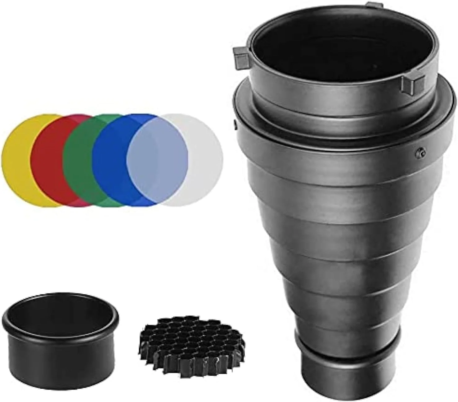 مخروطی نور فلزی Fotoconic به همراه شبکه لانه زنبوری و کیت فیلتر رنگی 5 عددی برای فلاش استودیویی با مانت بوئنز