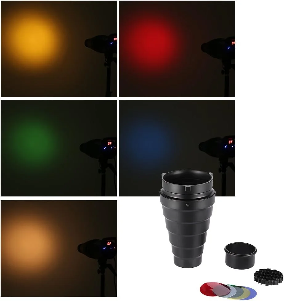 مخروطی فلزی Fawoonu به همراه شبکه لانه زنبوری و کیت فیلتر رنگی 5 عددی برای فلاش استودیویی Bowens Mount Monolight Photography
