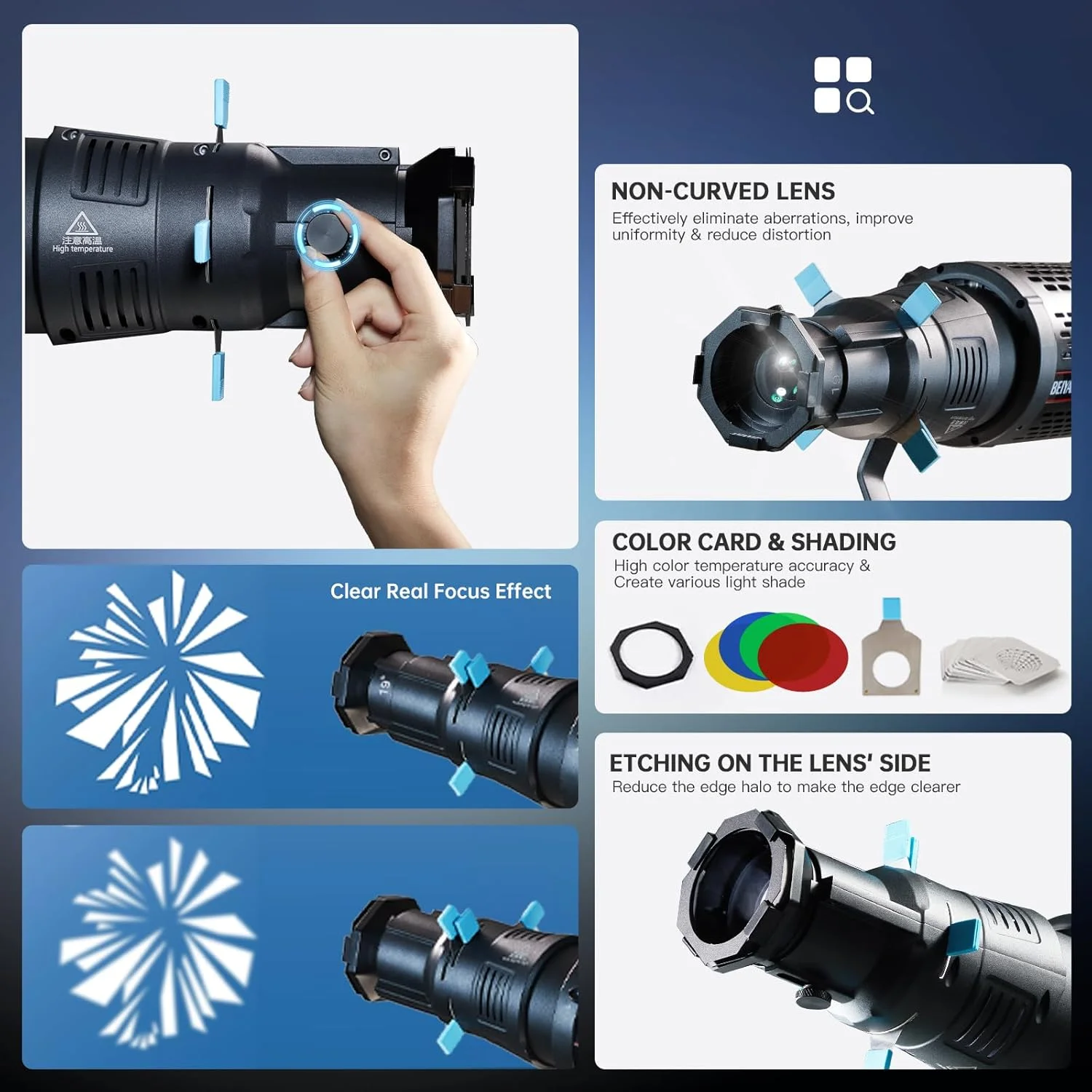 کیت اسنوت نوری مخروطی نورافکن برای فلاش اسپیدلایت، تک نور پرتره، اتصال پروژکتور مانت بوئنز با 4 فیلتر رنگی و 25 گوبو، سازگار با Aputure Amaran، Godox SL60