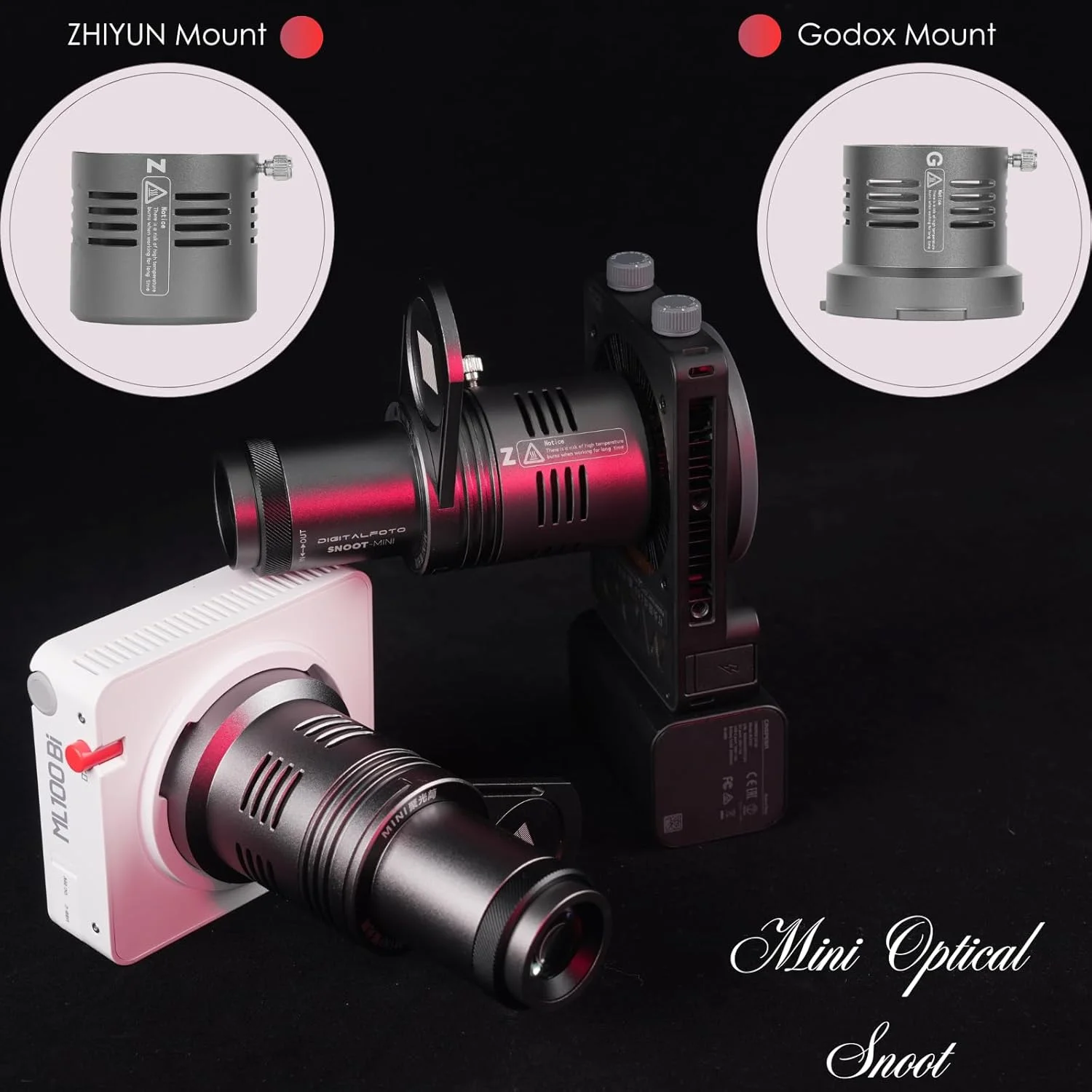 مینی اسنوت اپتیکال CX100 با گوبو و آداپتور مانت ZY، نور شکل دهی اسپات لایت سازگار با ZHIYUN Molus X100,CX100,Godox ML100BI,ML100R