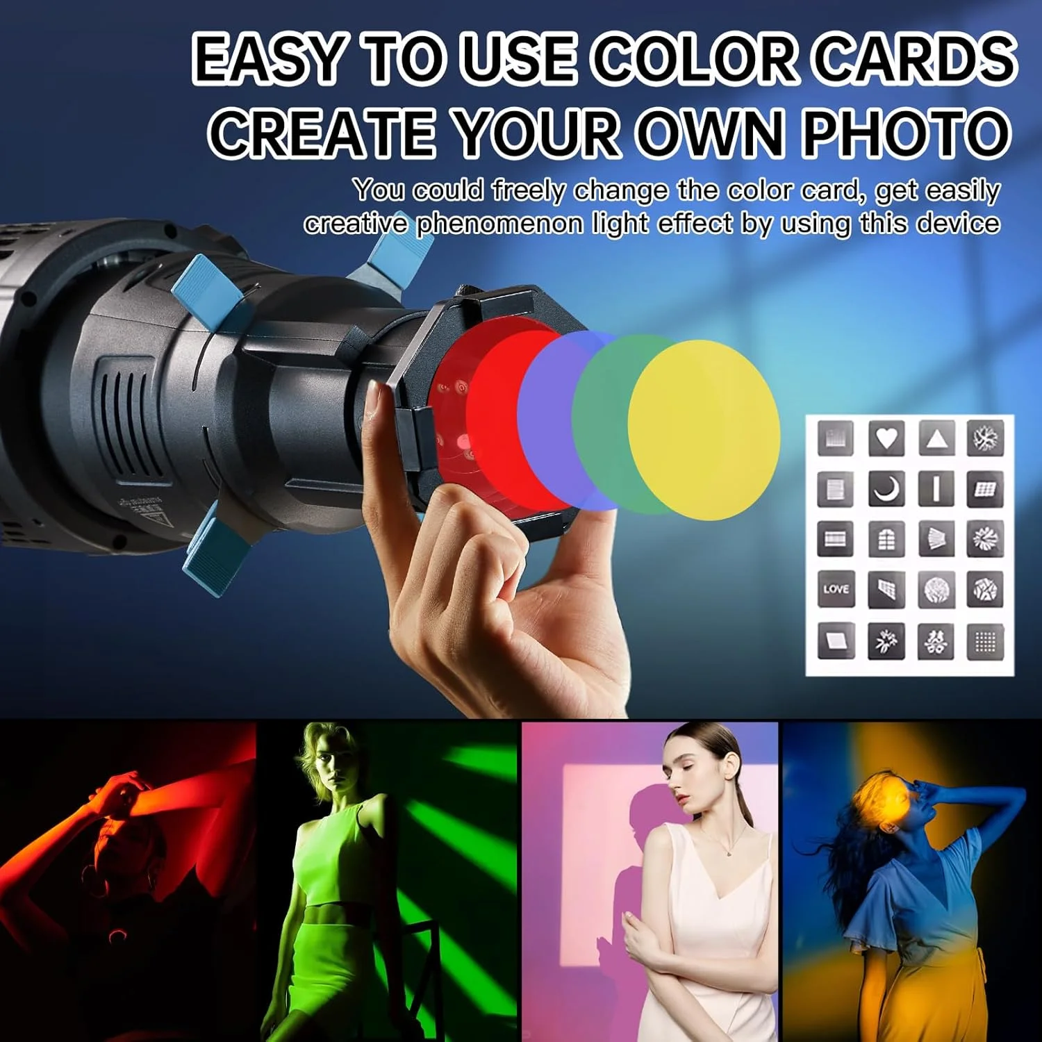 کیت اسنوت نوری مخروطی نورافکن برای فلاش اسپیدلایت، تک نور پرتره، اتصال پروژکتور مانت بوئنز با 4 فیلتر رنگی و 25 گوبو، سازگار با Aputure Amaran، Godox SL60