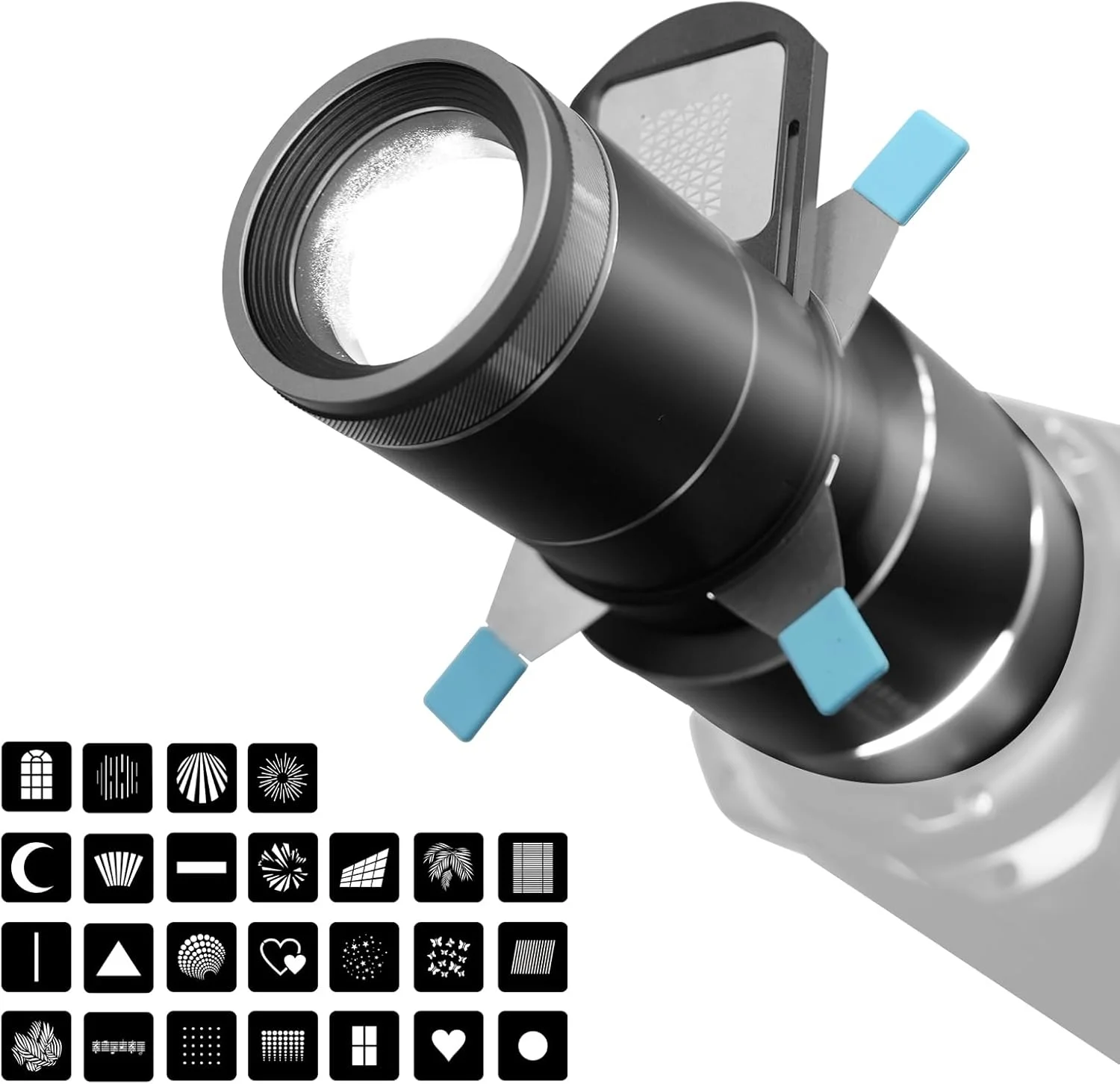 نورپرداز اسنوت اپتیکال DF DIGITALFOTO با مانت بوئنز، 4 فیلتر رنگی، 25 گوبو، فریم فیلتر 500 وات، لنز و پروجکشن برای اتصال مونو لایت برای هر نور LED با مانت بوئنز