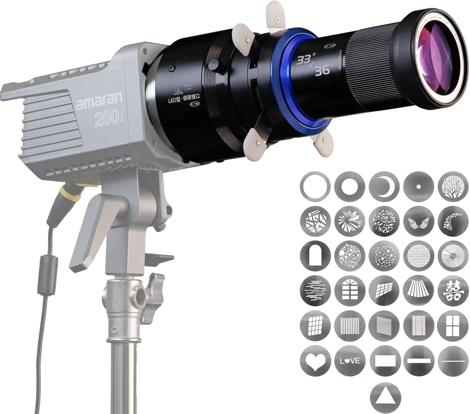نورافکن گوبو با مانت بوئنز - اسنوت اپتیکال استودیویی برای تک نورها، سازگار با Aputure Amaran 60D/XS/100X/D200D/X، Godox SL60 و غیره، شامل 5 فیلتر رنگی و 31 گوبو.