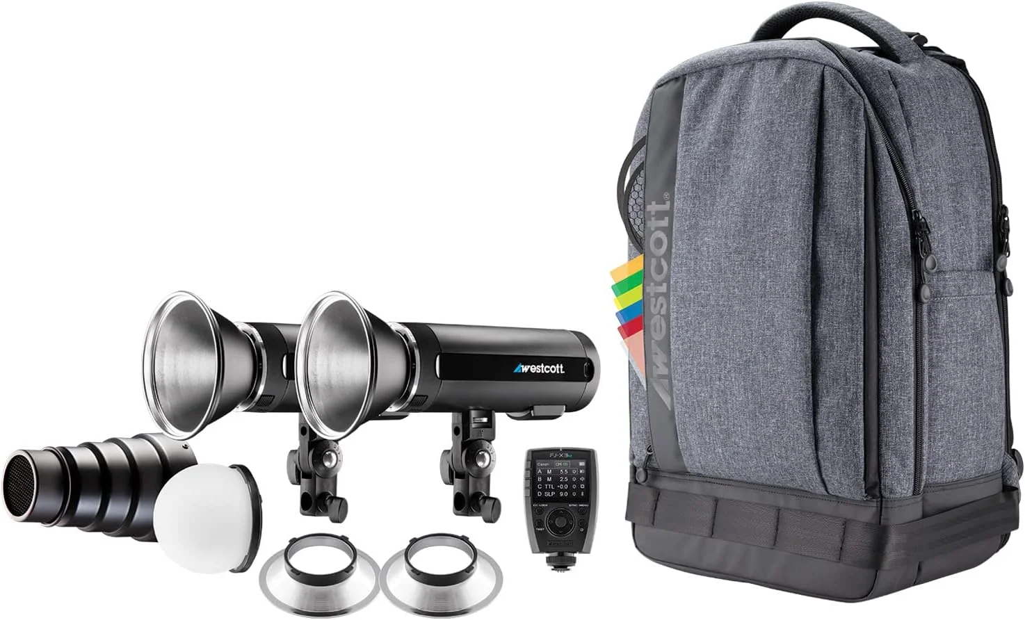 کیت دو فلاش Westcott FJ200 با کوله پشتی و تریگر وایرلس یونیورسال FJ-X3 M - کیت نورپردازی پرتابل عکاسی با دیفیوزر، اسنوت، ژل ها و تریگر چند منظوره