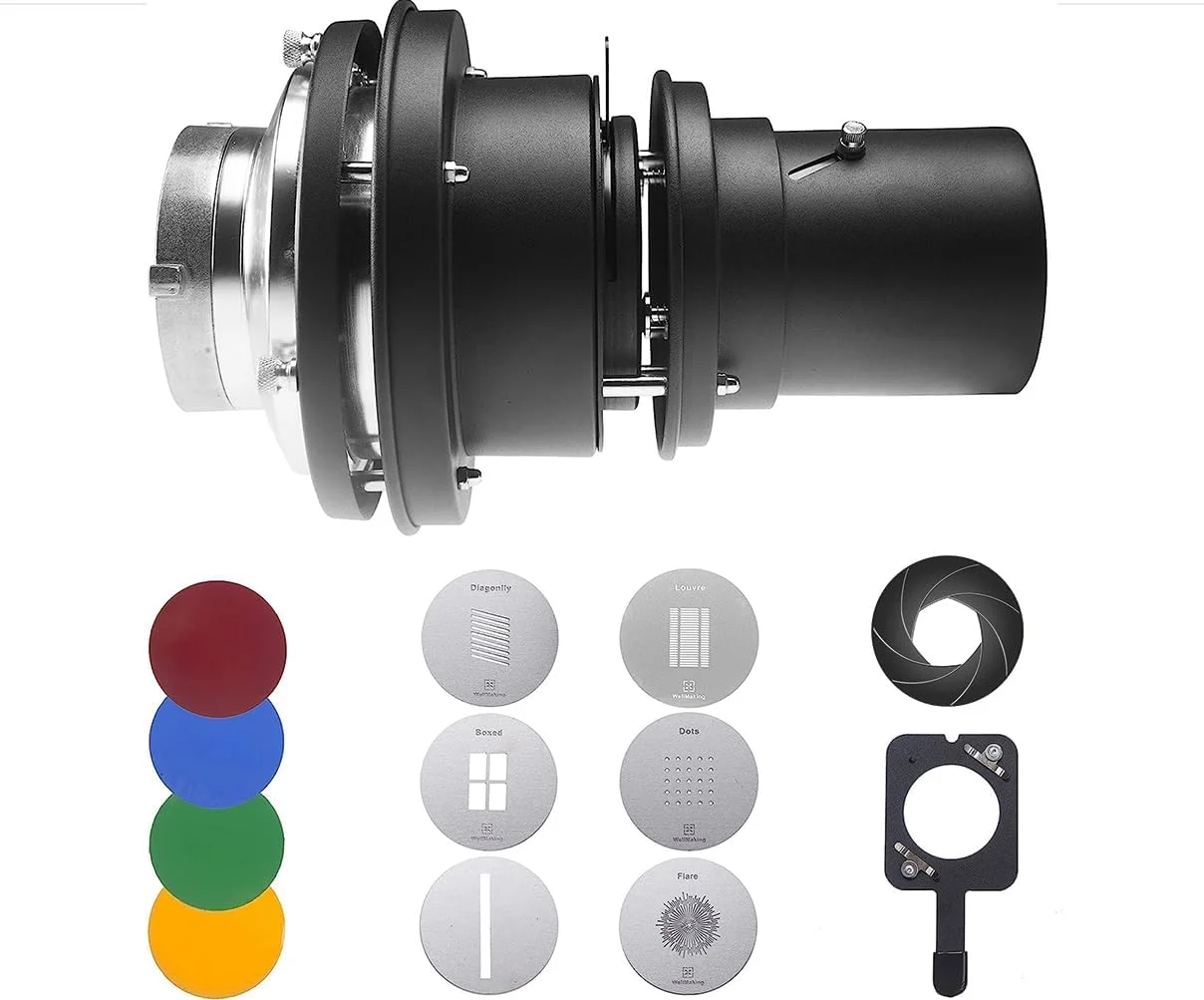 مخروطی نور فلاش با مانت بوئنز Wellmaking به همراه لنز نوری و گوبوهای متنوع، مناسب برای شکل دهی نور در استودیو و عکاسی