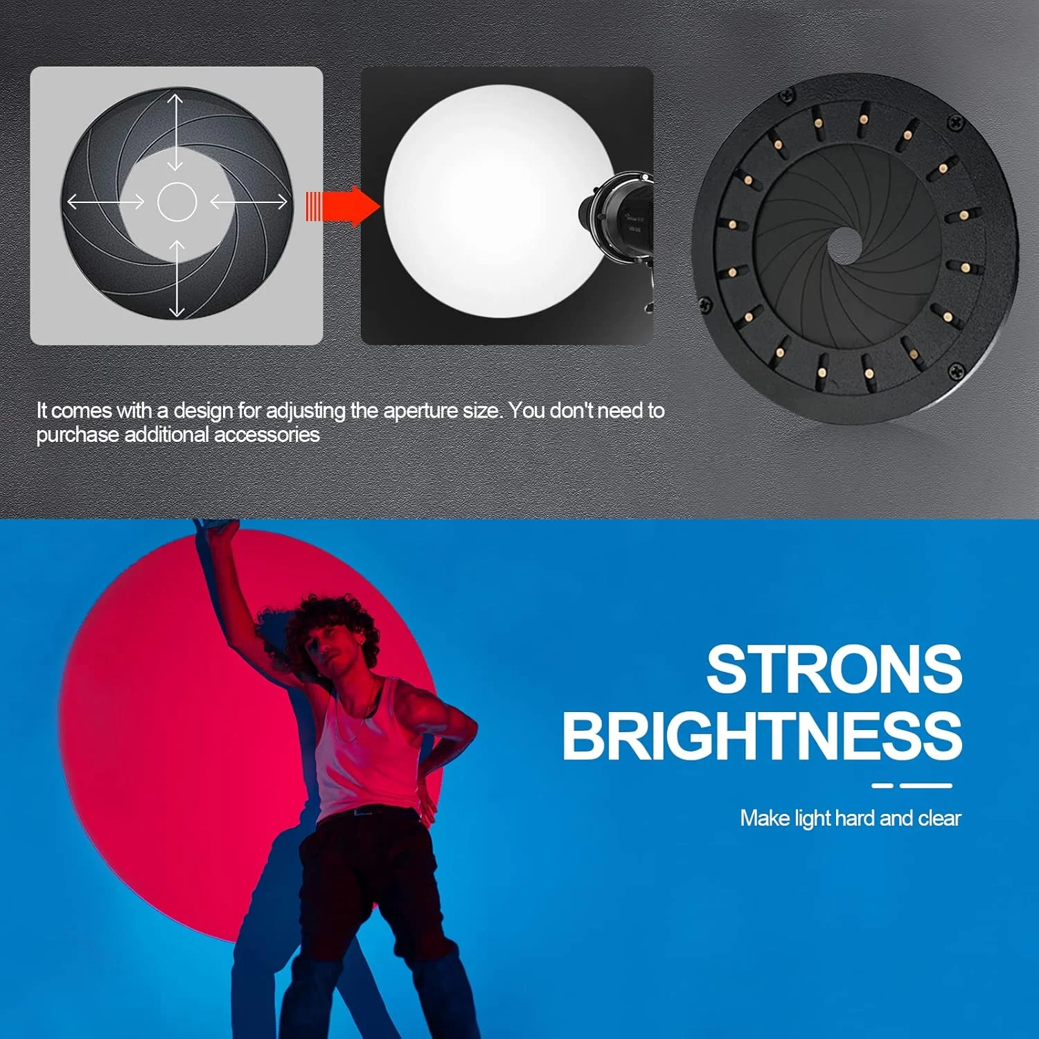 مخروطی نور فلاش با مانت بوئنز Wellmaking به همراه لنز نوری و گوبوهای متنوع، مناسب برای شکل دهی نور در استودیو و عکاسی