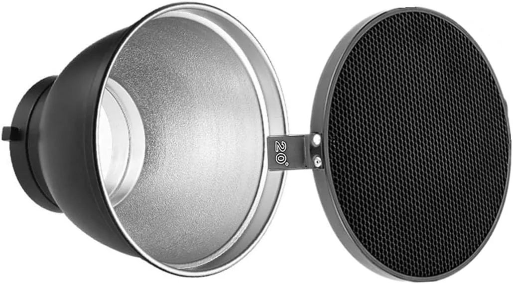 دیفیوزر رفلکتور فلاش مانت بوونز استاندارد 7 اینچی eWINNER به همراه گرید لانه زنبوری برای فلاش های استودیویی بوونز گودوکس YONGNUO، نور فلاش اسپیدلایت، عکاسی تبلیغاتی و عروسی (20 درجه)