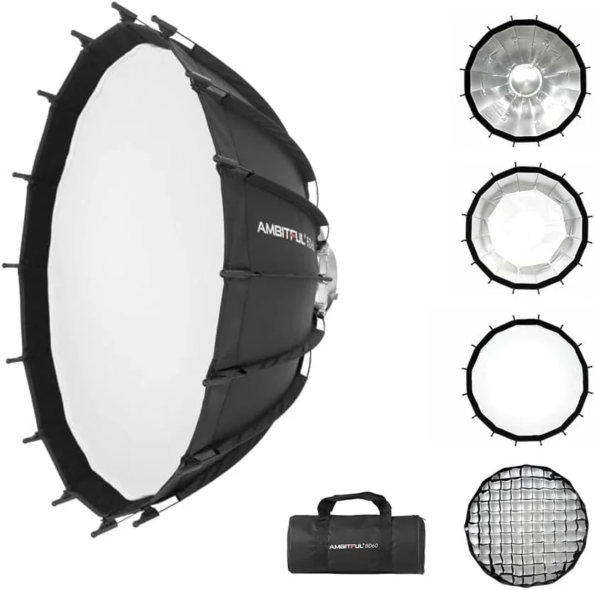 سافت باکس تاشو بیوتی دیش Ambitful 80cm با مانت بوئنز برای نورپردازی استودیویی، فلاش و نور LED | سافت باکس تاشو سریع با زاویه باز نقره ای و گرید لانه زنبوری | سازگار با چراغ های Godox