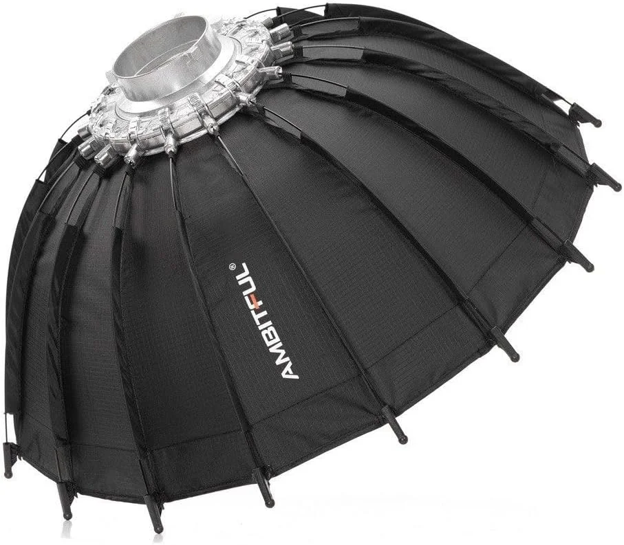 سافت باکس تاشو بیوتی دیش Ambitful 80cm با مانت بوئنز برای نورپردازی استودیویی، فلاش و نور LED | سافت باکس تاشو سریع با زاویه باز نقره ای و گرید لانه زنبوری | سازگار با چراغ های Godox