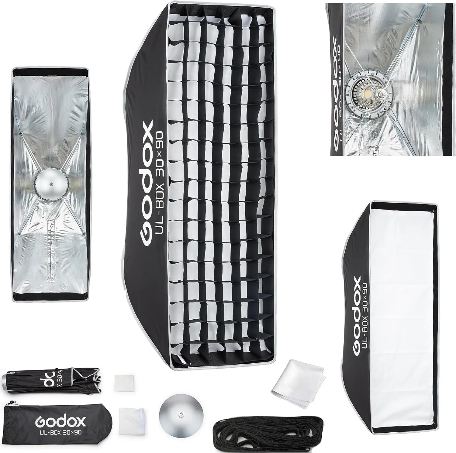 سافت باکس گودکس 30X90 سانتی متر با نصب Bowens، دیفیوزر داخلی و خارجی قابل جابجایی، گریپ و صفحه دیفیوزر برای عکاسی، پخش زنده و پرتره