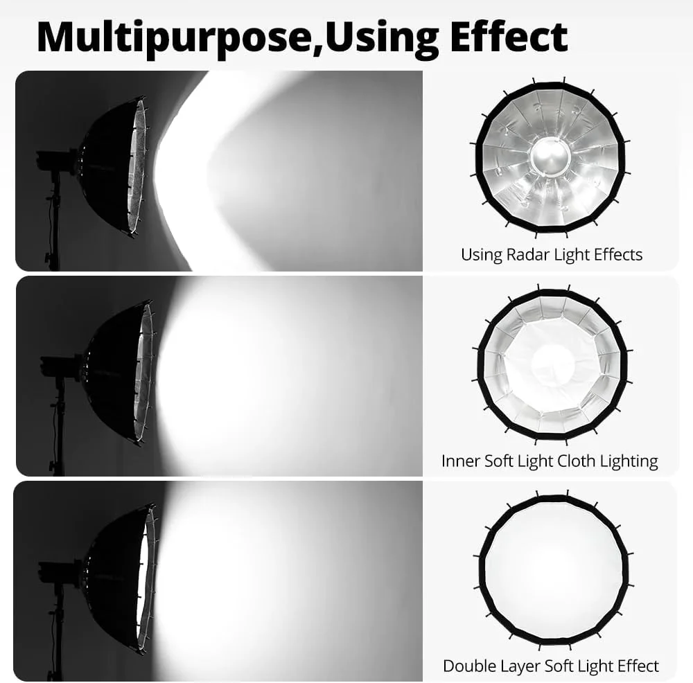 سافت باکس تاشو بیوتی دیش Ambitful 80cm با مانت بوئنز برای نورپردازی استودیویی، فلاش و نور LED | سافت باکس تاشو سریع با زاویه باز نقره ای و گرید لانه زنبوری | سازگار با چراغ های Godox