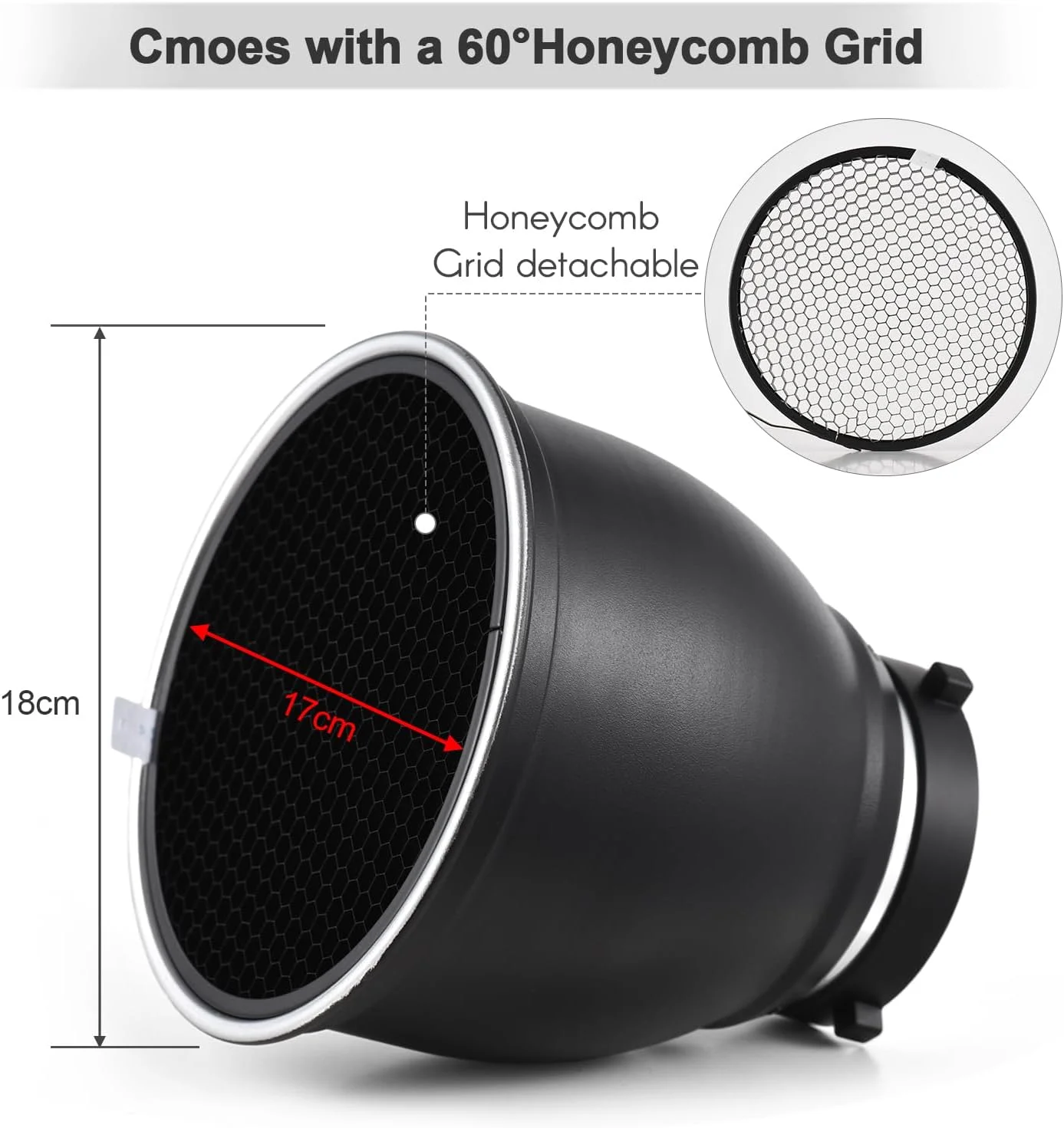 دیفیوزر رفلکتور استاندارد 7 اینچی Andoer با مانت بوونز به همراه گرید لانه زنبوری 60 درجه و جوراب دیفیوزر برای فلاش استودیویی با مانت بوونز