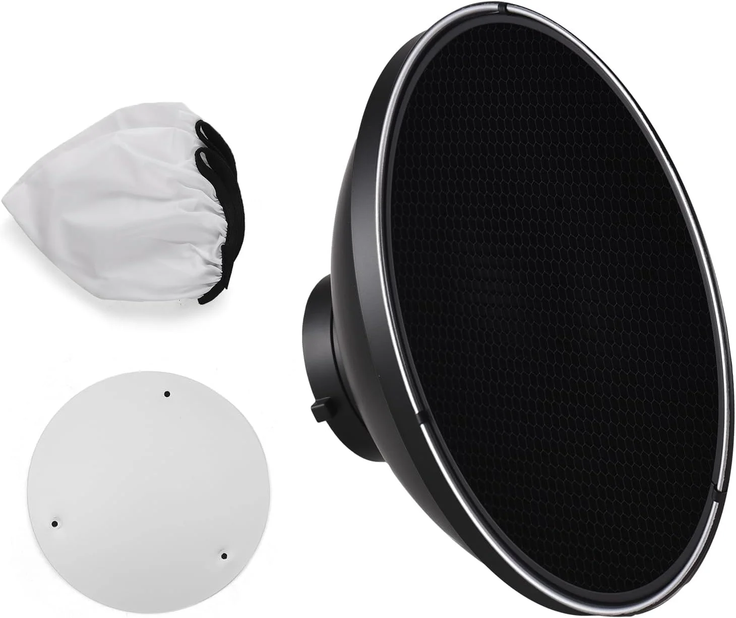 بازتابنده استاندارد 30 سانتی‌متری Andoer با پایه بوئنز، به همراه پخش‌کننده نور سفید و شبکه لانه زنبوری، مناسب برای نور فلاش استودیویی عکاسی پرتره