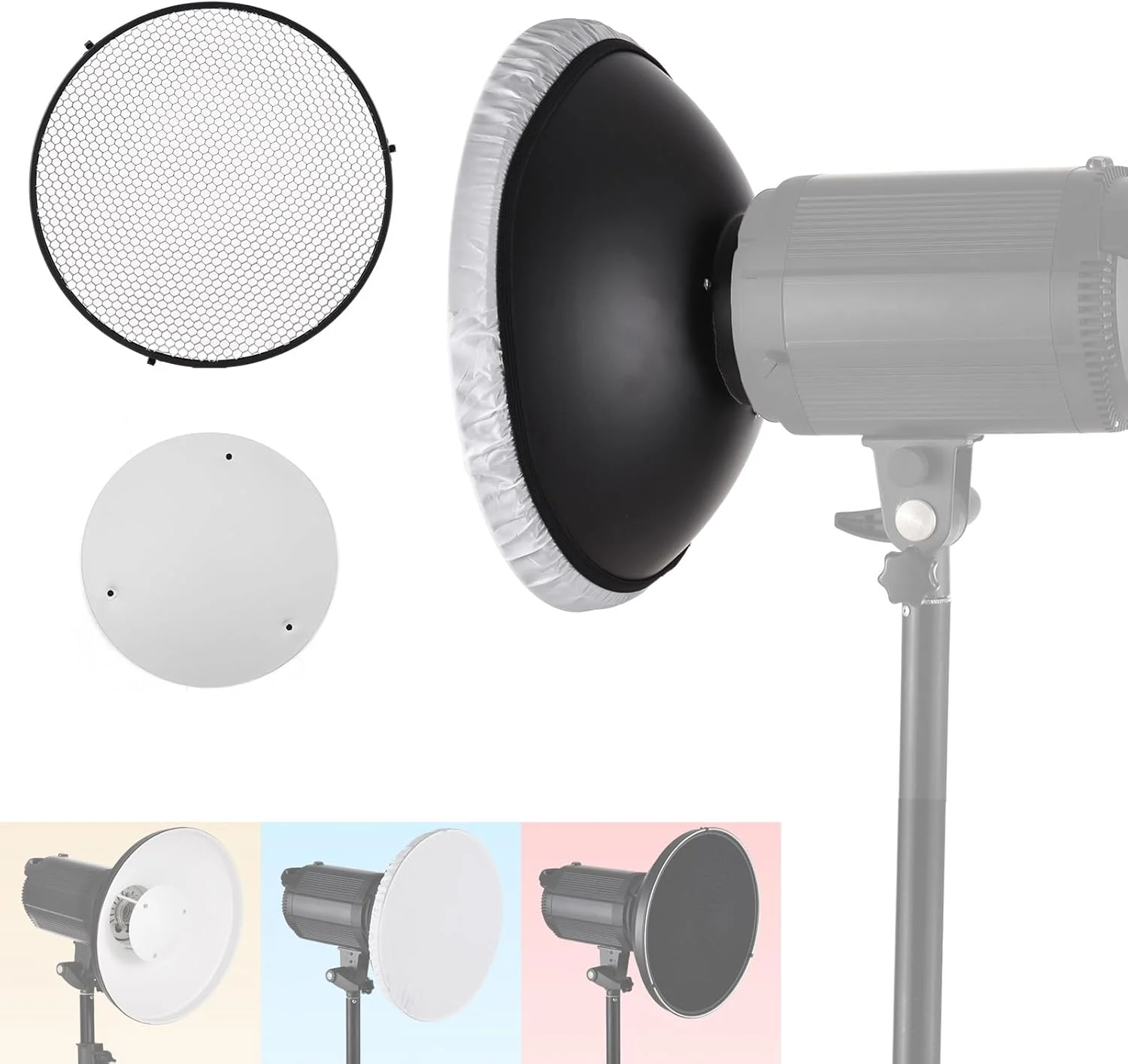 بازتابنده استاندارد 30 سانتی‌متری Andoer با پایه بوئنز، به همراه پخش‌کننده نور سفید و شبکه لانه زنبوری، مناسب برای نور فلاش استودیویی عکاسی پرتره