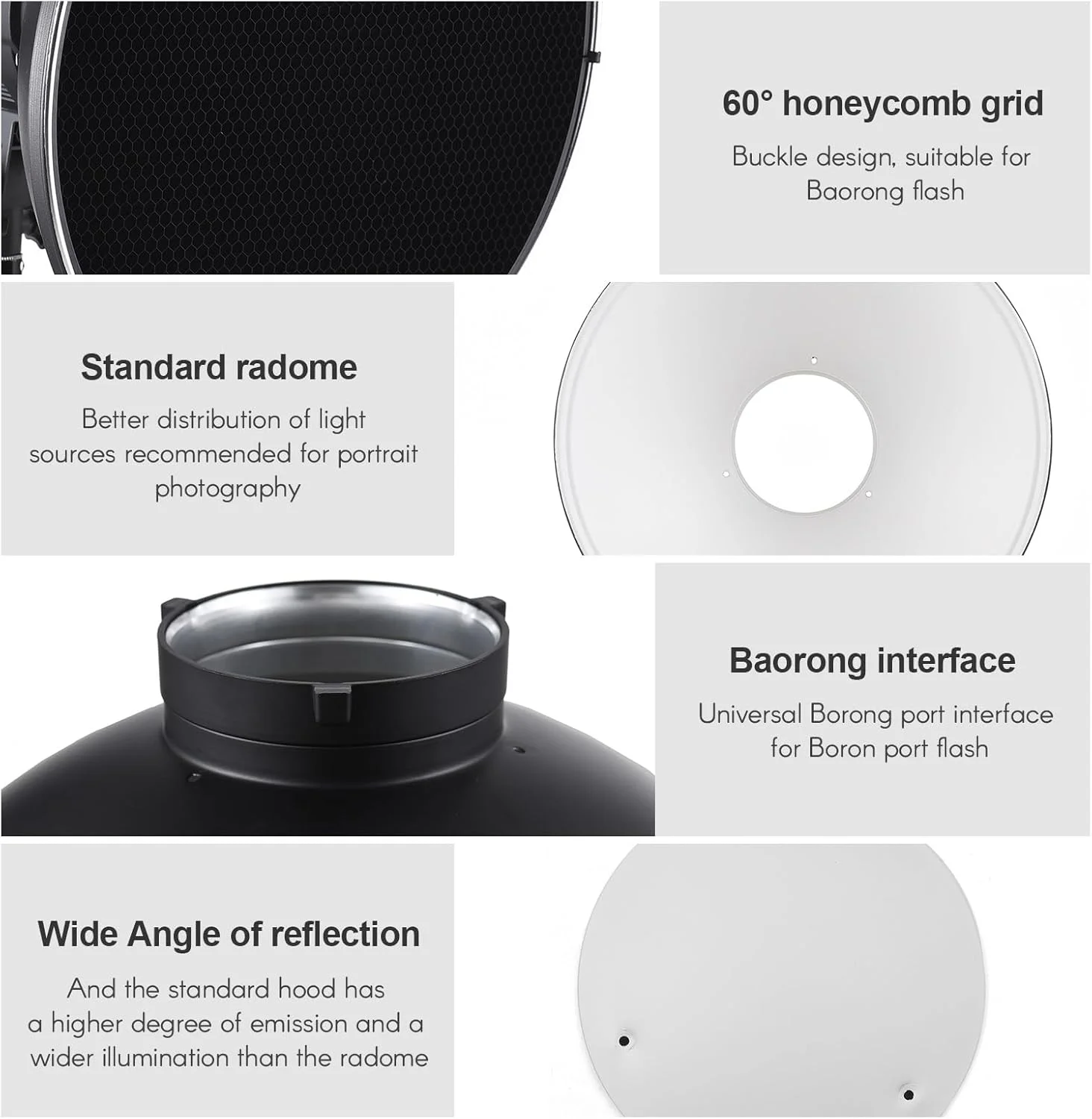 بازتابنده استاندارد 30 سانتی‌متری Andoer با پایه بوئنز، به همراه پخش‌کننده نور سفید و شبکه لانه زنبوری، مناسب برای نور فلاش استودیویی عکاسی پرتره