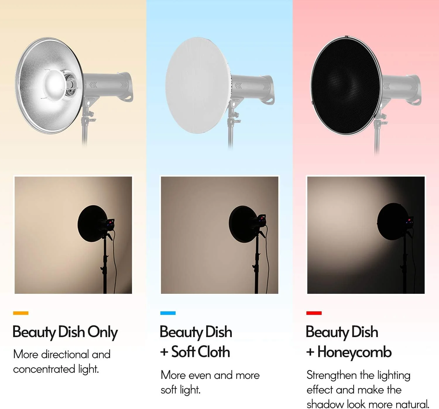 بازتابنده استاندارد CalmGeek با پایه بوئنز، قطر 41 سانتی متر، به همراه گرید بازتابنده سفید برای نور فلاش استودیویی عکاسی پرتره