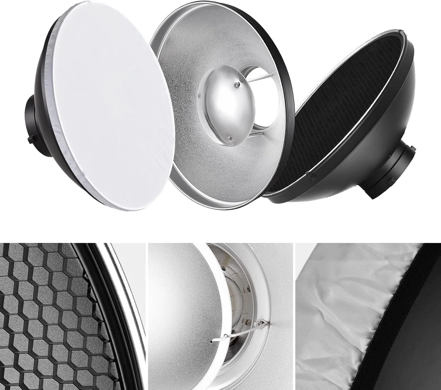 دیش بیوتی استودیویی با مانت بوئنز به همراه گرید لانه زنبوری و رفلکتور برای نورپردازی استروب