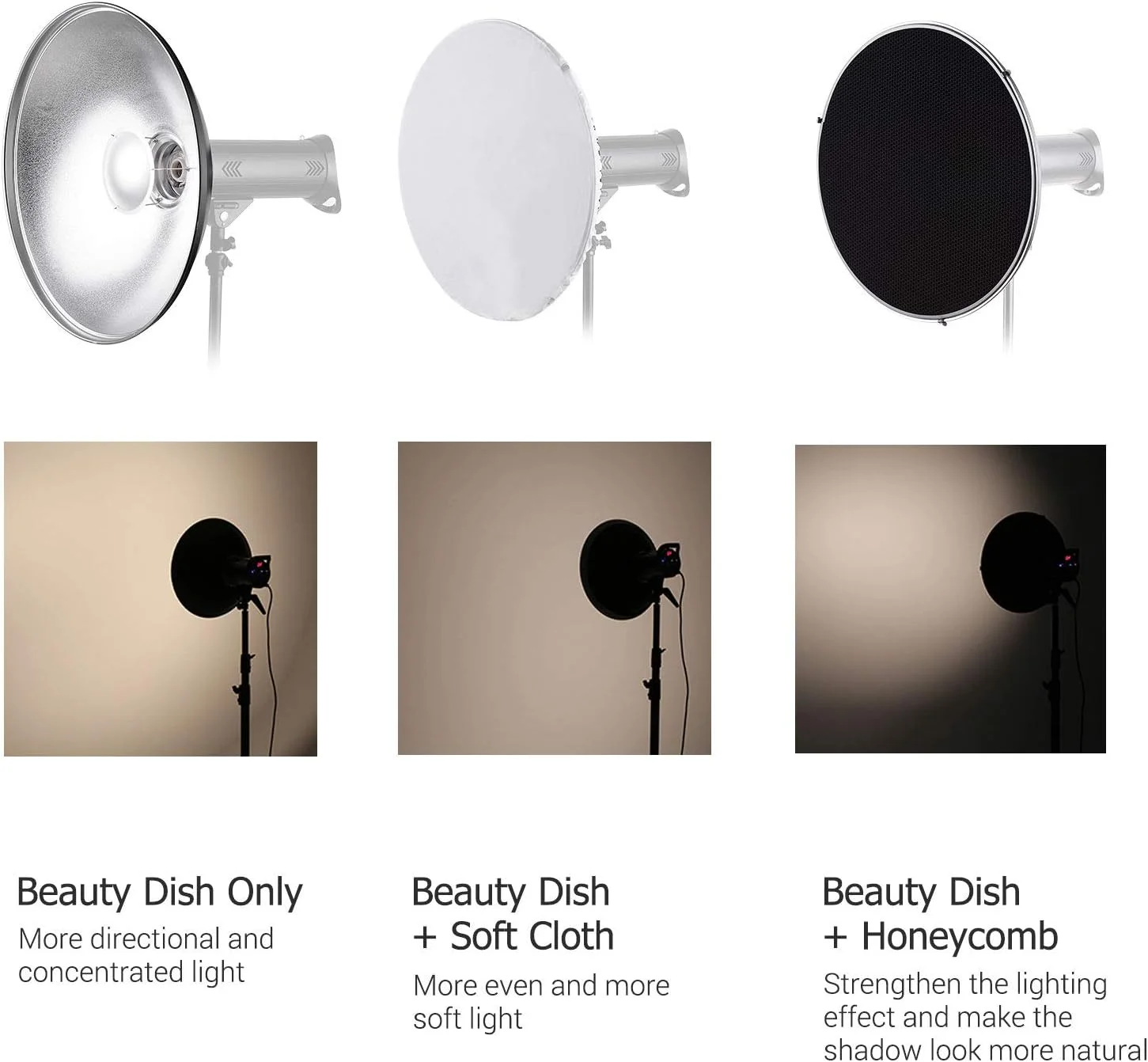 بازتابنده نور استودیویی 55 سانتی متری با لانه زنبوری و پارچه نرم برای نور فلاش استروب مانت بوئنز (سطح داخلی نقره ای)