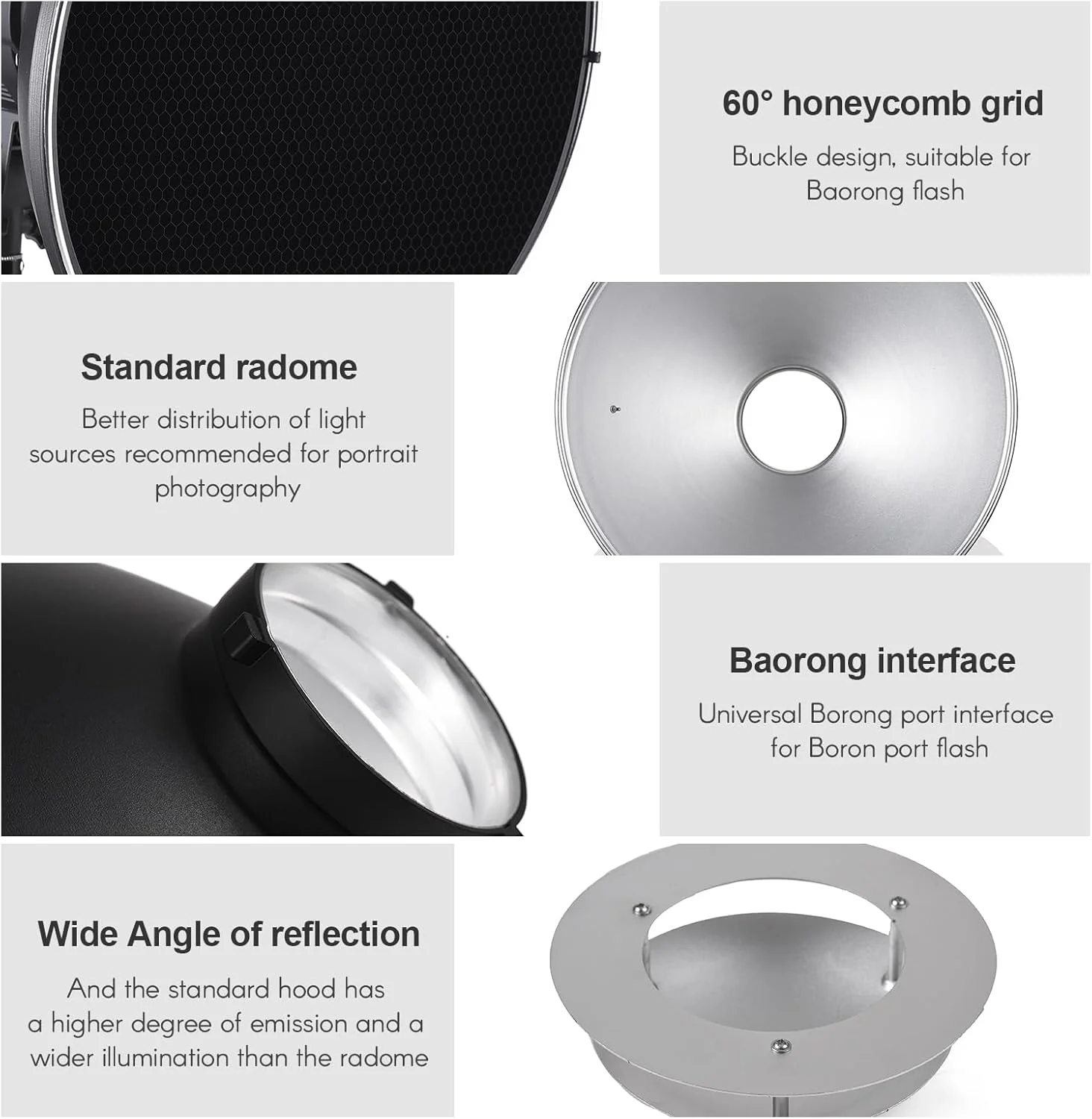 دیفیوزر کاسه ای 39 سانتی متری با مانت بوئنز به همراه گرید لانه زنبوری 60 درجه و رفلکتور مرکزی مناسب استودیویی با مانت بوئنز