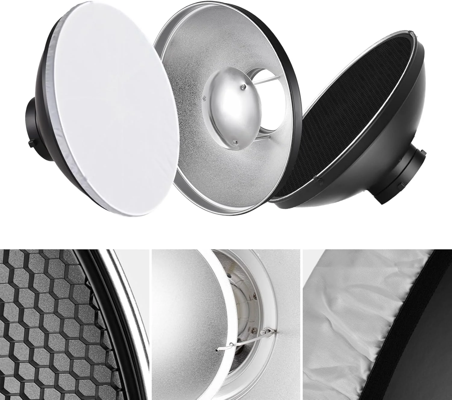 بازتابنده استاندارد ۳۰ سانتی‌متری/۱۱.۸ اینچی Labymos با مانت بوئنز به همراه گرید شانه‌ای و بازتابنده سفید برای نور فلاش استودیویی عکاسی پرتره