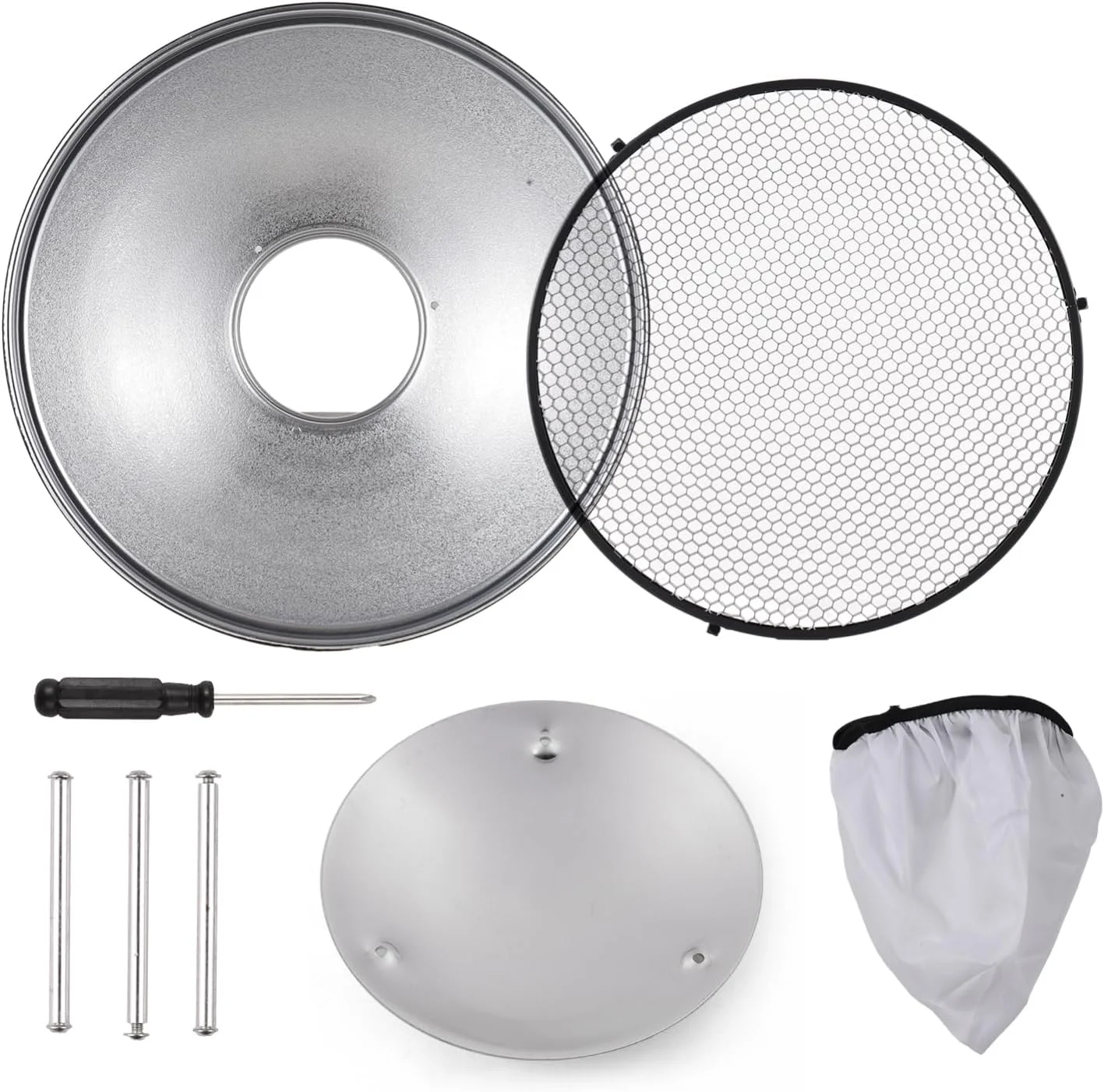 بازتابنده استاندارد ۳۰ سانتی‌متری/۱۱.۸ اینچی Labymos با مانت بوئنز به همراه گرید شانه‌ای و بازتابنده سفید برای نور فلاش استودیویی عکاسی پرتره