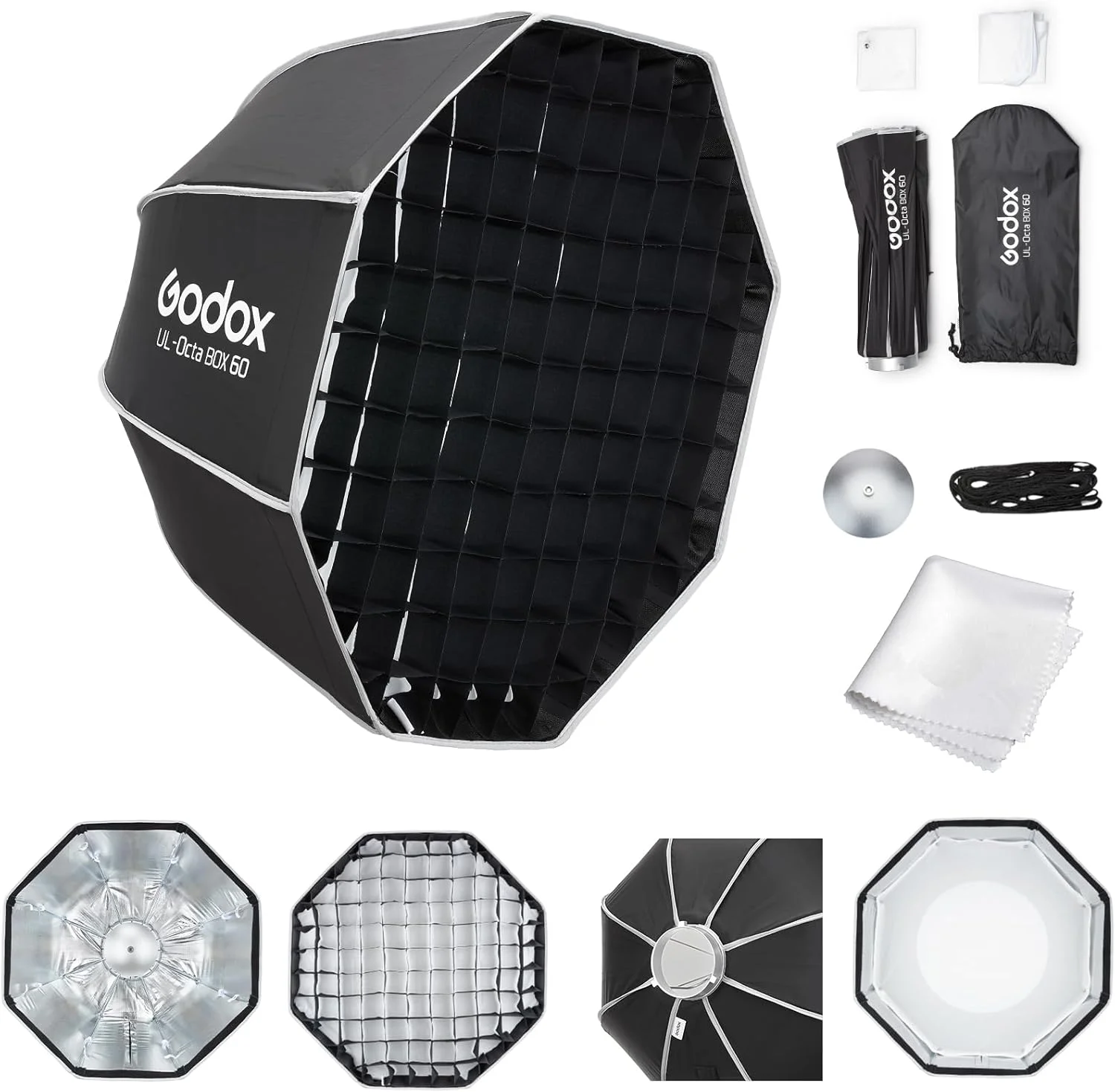 سافت باکس گودوکس 60CM/23.6 اینچی با قابلیت رهاسازی سریع چتری هشت ضلعی، مانت بوونز با دیفیوزر های داخلی و جلویی قابل جابجایی / گریپ / صفحه دیفیوزر برای عکاسی، پخش زنده و پرتره